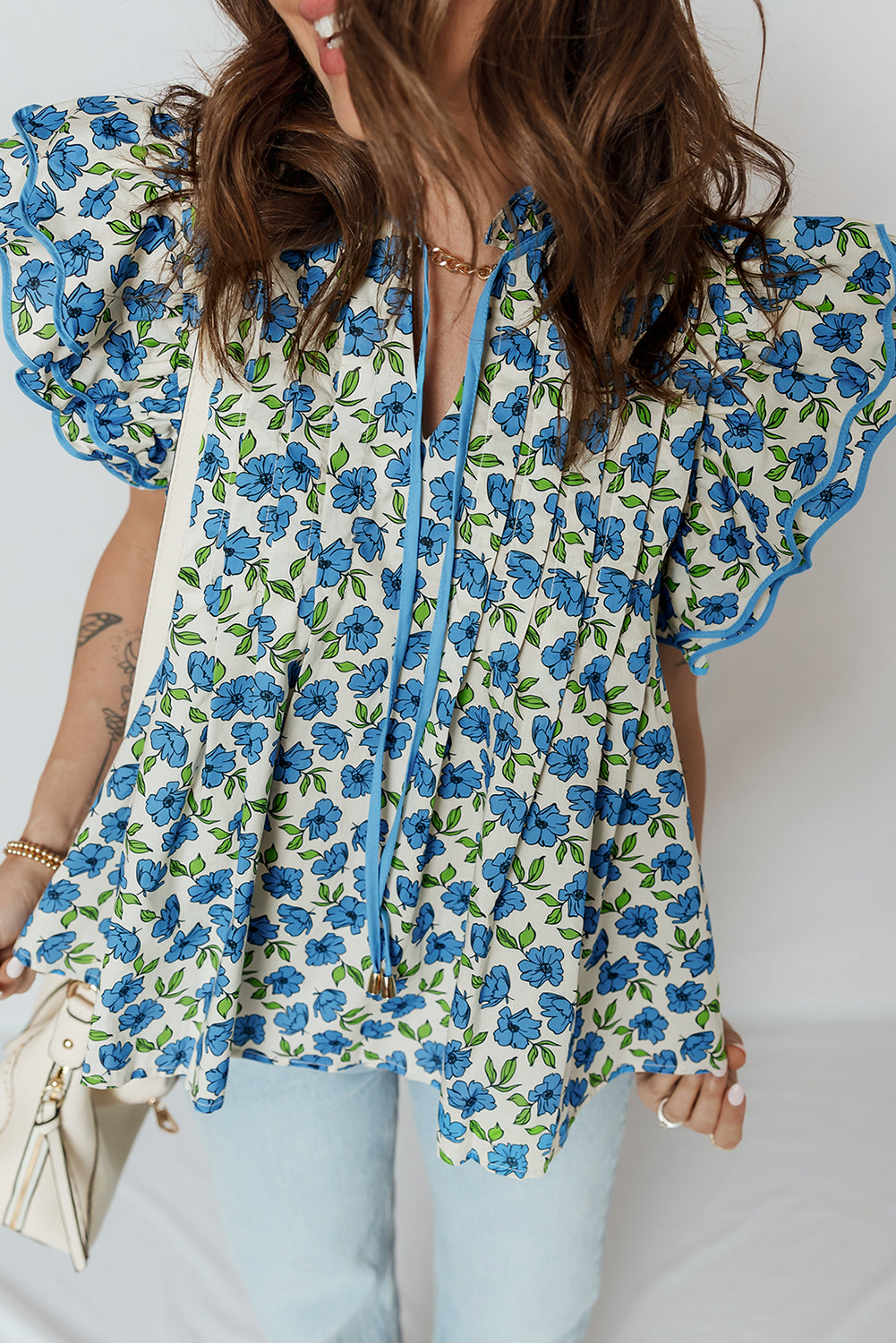 Sky Blue Tiered Flutter Sleeve Pleated Flower Blouse-Tops/Blouses & Shirts-[Adult]-[Female]-2022 Online Blue Zone Planet