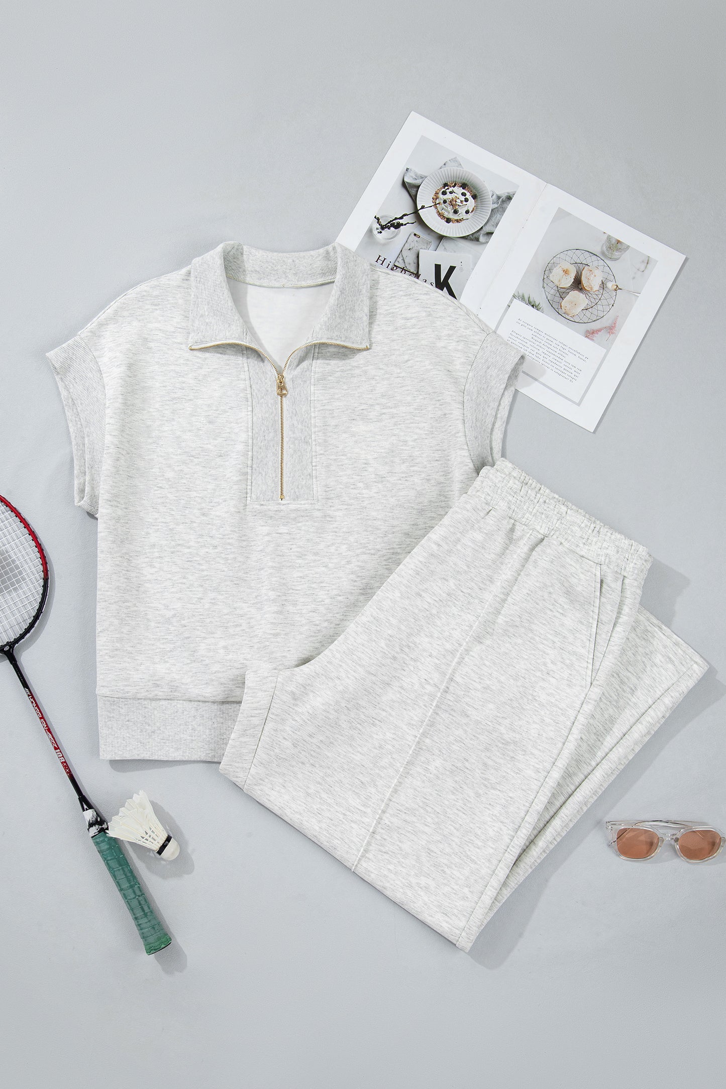 Light Grey Half Zip Polo Tee Loose Pants Plus Size 2pcs Outfit-Plus Size/Plus Size Loungewear-[Adult]-[Female]-2022 Online Blue Zone Planet