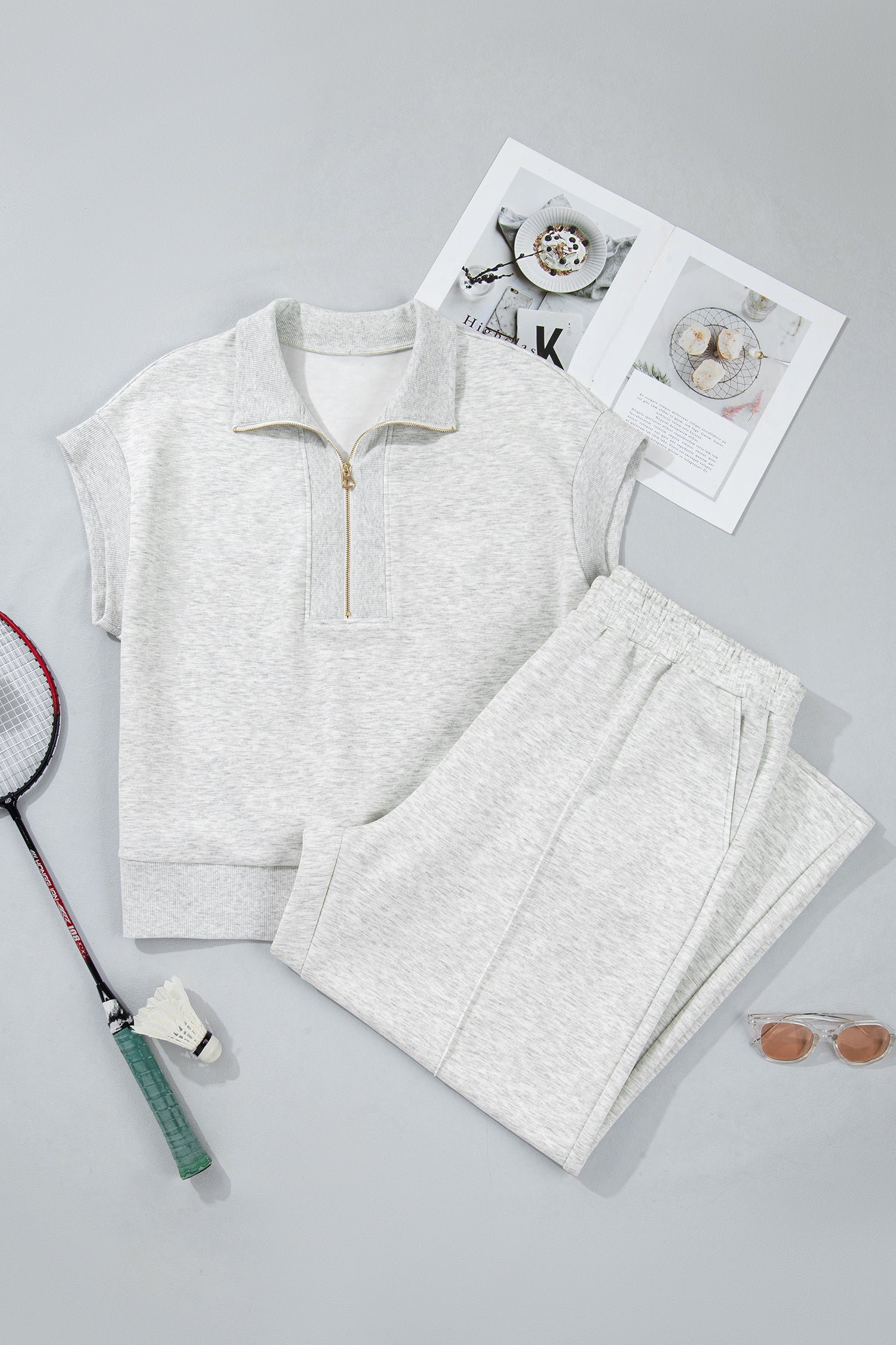 Light Grey Half Zip Polo Tee Loose Pants Plus Size 2pcs Outfit-Plus Size/Plus Size Loungewear-[Adult]-[Female]-2022 Online Blue Zone Planet