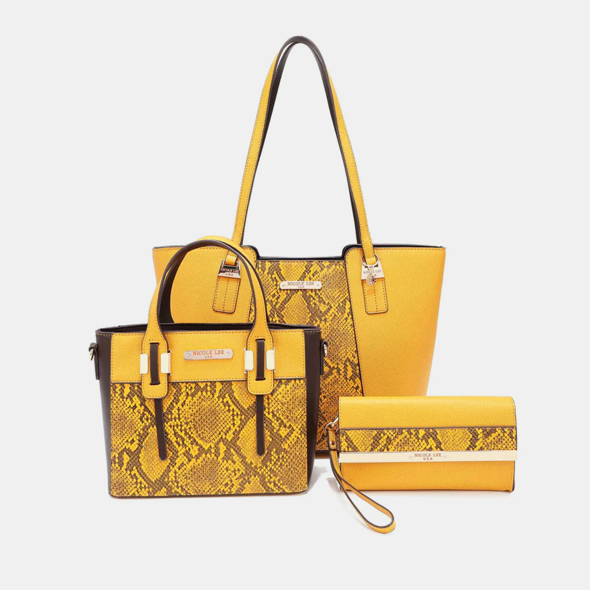 Nicole Lee USA 3-Piece Snake Print Handbag Set-HANDBAGS-[Adult]-[Female]-MUSTARD-One Size-2022 Online Blue Zone Planet