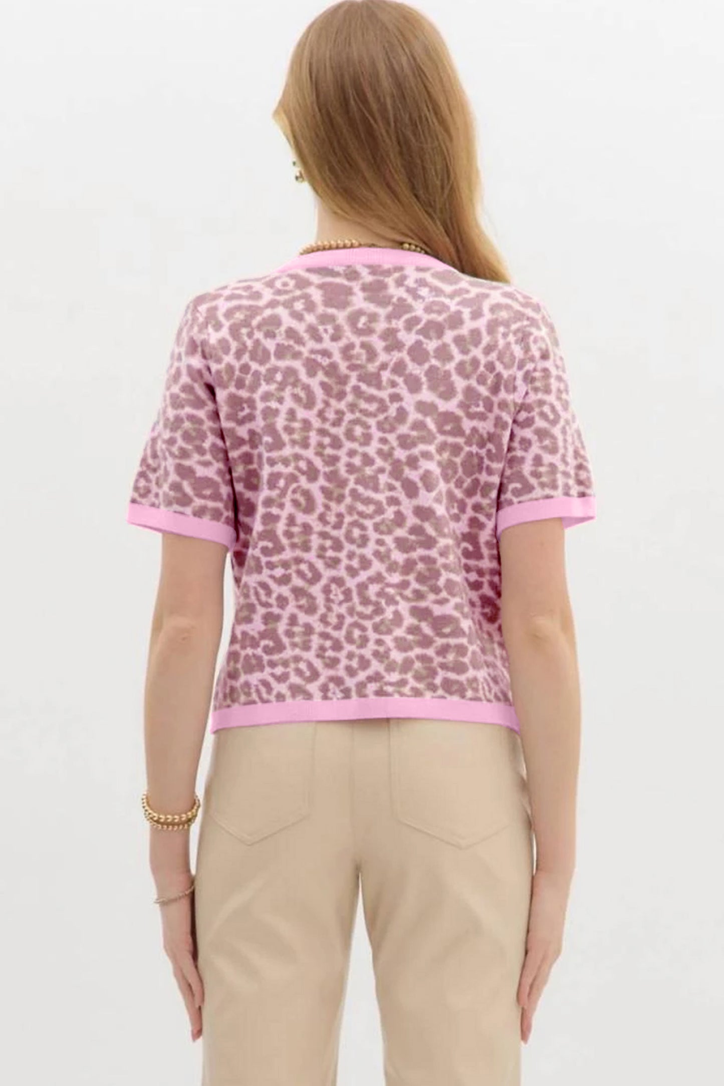 Pink Leopard Button Down Short Sleeve Sweater Cardigan-Sweaters & Cardigans/Cardigans-[Adult]-[Female]-2022 Online Blue Zone Planet