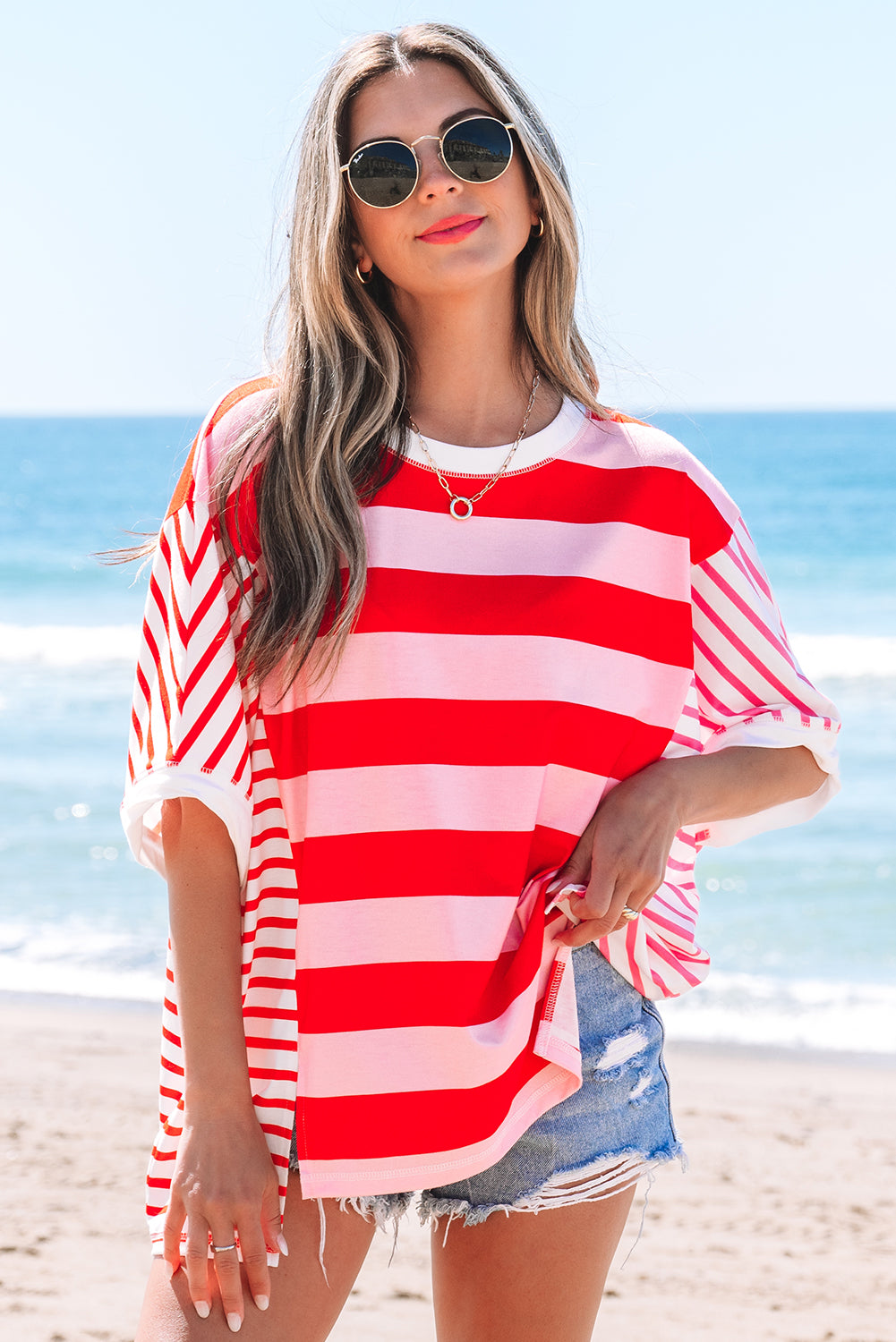 Pink Stripe Patchwork Round Neck Side Split Loose T Shirt-Tops/Tops & Tees-[Adult]-[Female]-2022 Online Blue Zone Planet