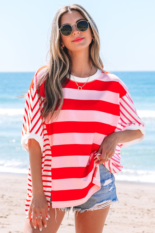 Pink Stripe Patchwork Round Neck Side Split Loose T Shirt-Tops/Tops & Tees-[Adult]-[Female]-2022 Online Blue Zone Planet