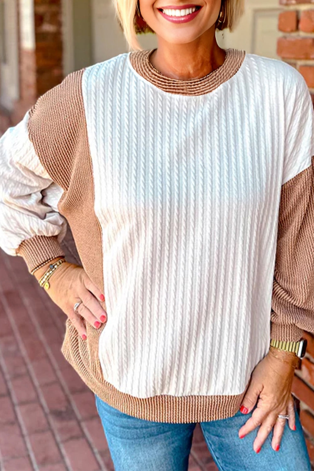 White Cable Texture Ribbed Color Block Plus Size Knit Top-Plus Size/Plus Size Tops/Plus Size Long Sleeve Tops-[Adult]-[Female]-White-1X-2022 Online Blue Zone Planet