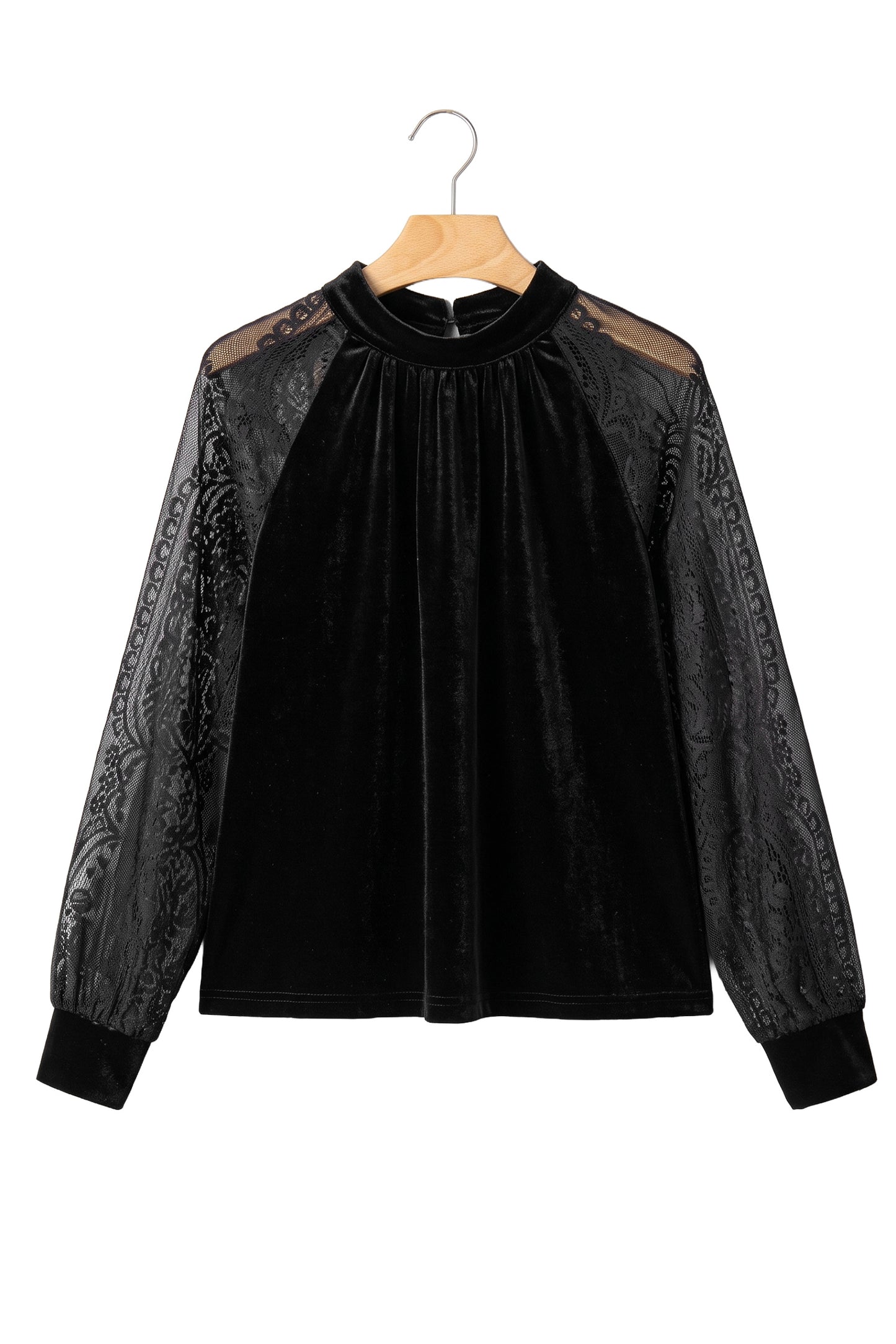 Color Black Solid Color Sheer Lace Long Sleeve Patchwork Stand Neck Velvet Blouse-Tops/Blouses & Shirts-[Adult]-[Female]-2022 Online Blue Zone Planet