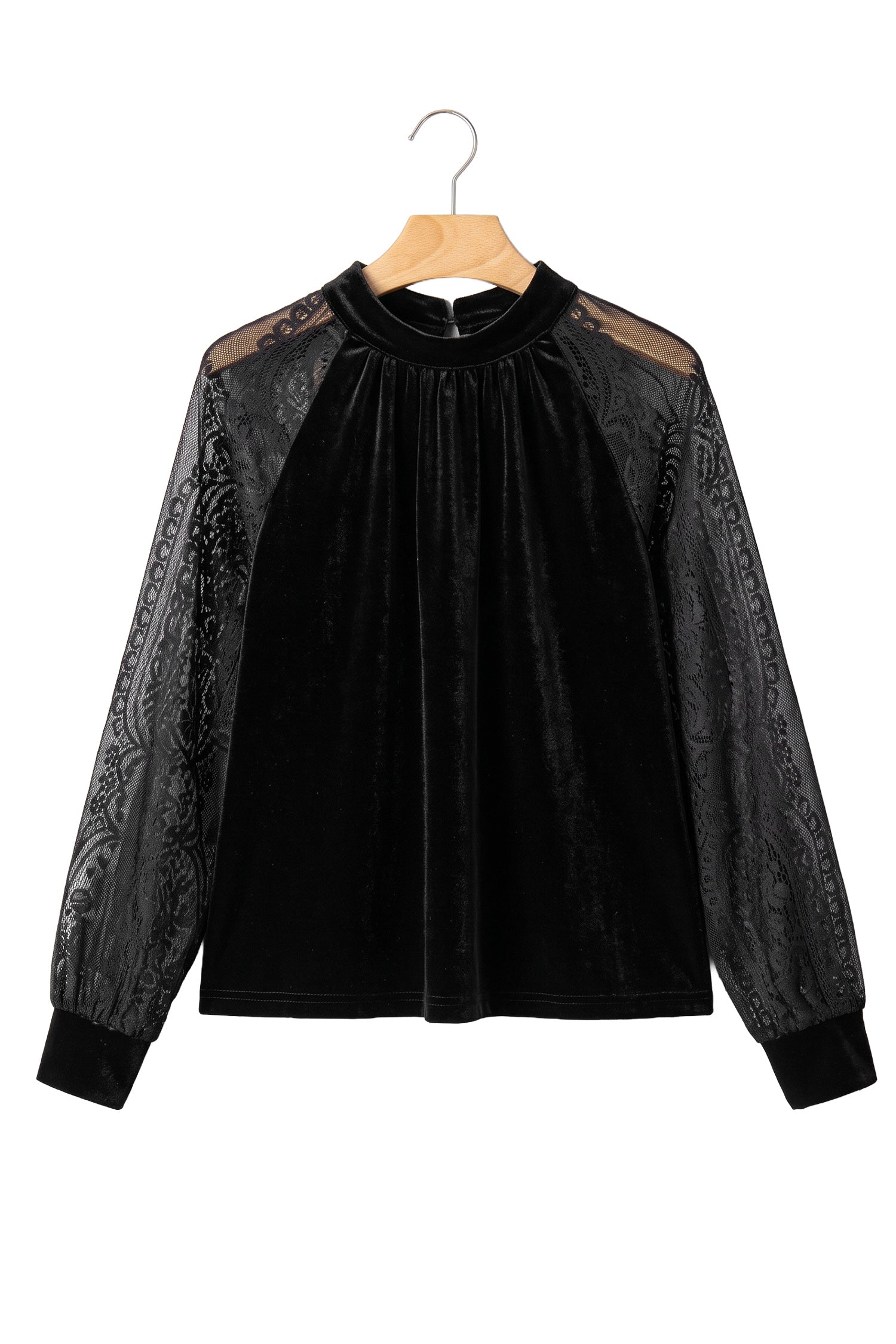 Color Black Solid Color Sheer Lace Long Sleeve Patchwork Stand Neck Velvet Blouse-Tops/Blouses & Shirts-[Adult]-[Female]-2022 Online Blue Zone Planet