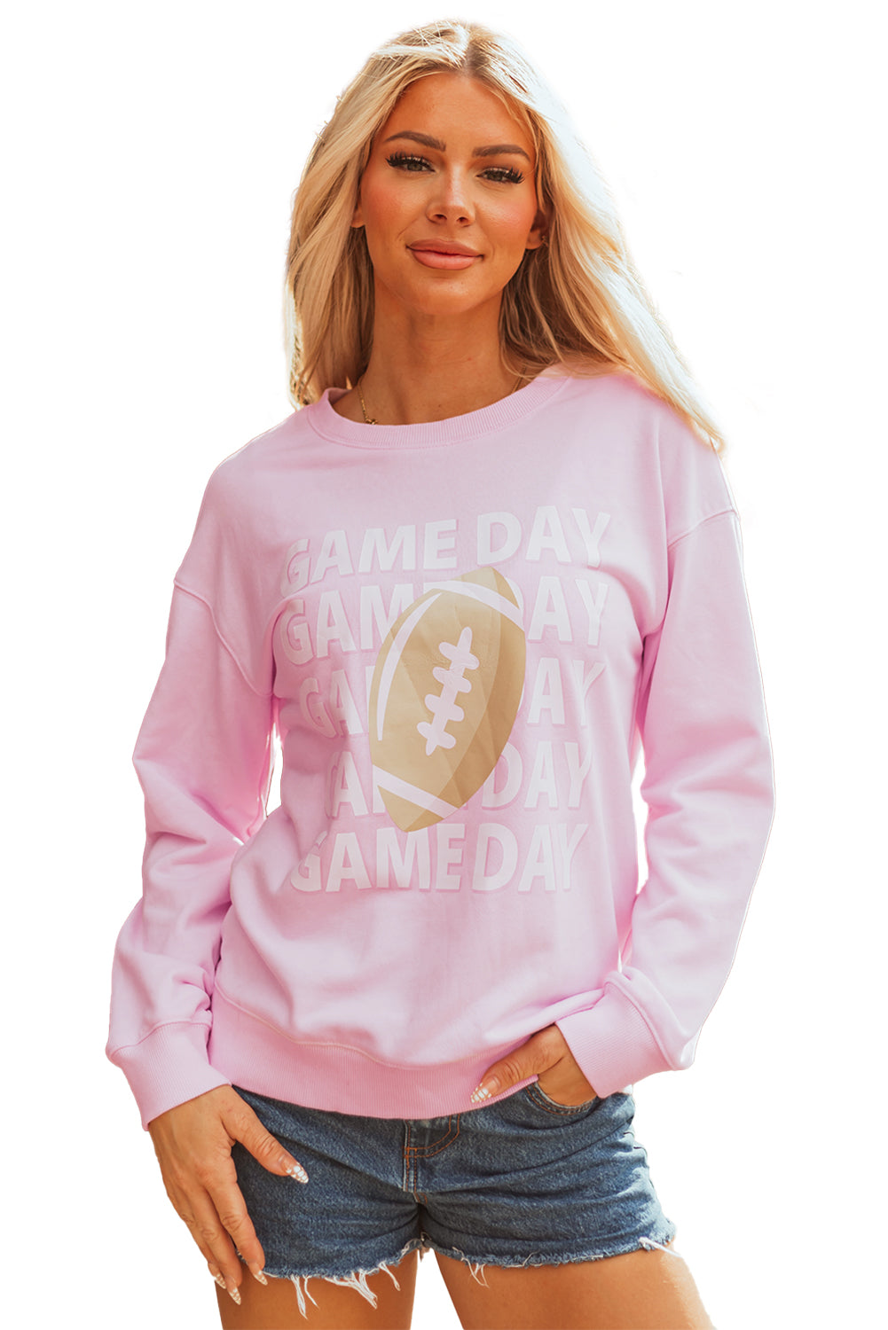Pink Game Day Football Rugby Print Casual Sweatshirt-Tops/Sweatshirts & Hoodies-[Adult]-[Female]-2022 Online Blue Zone Planet