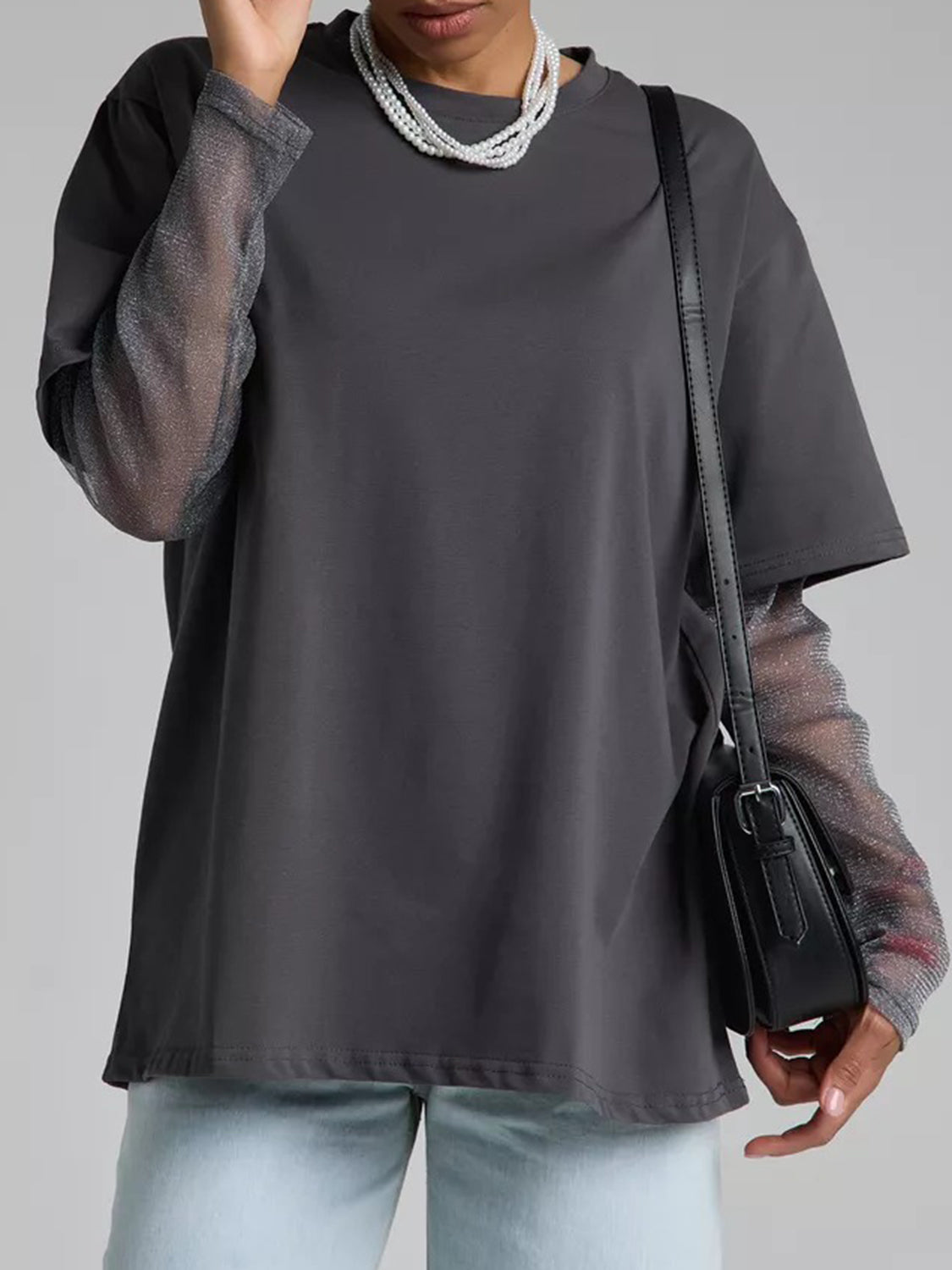 Faux Layered Round Neck Mesh Sleeve Top-TOPS / DRESSES-[Adult]-[Female]-Dark Gray-S-2022 Online Blue Zone Planet