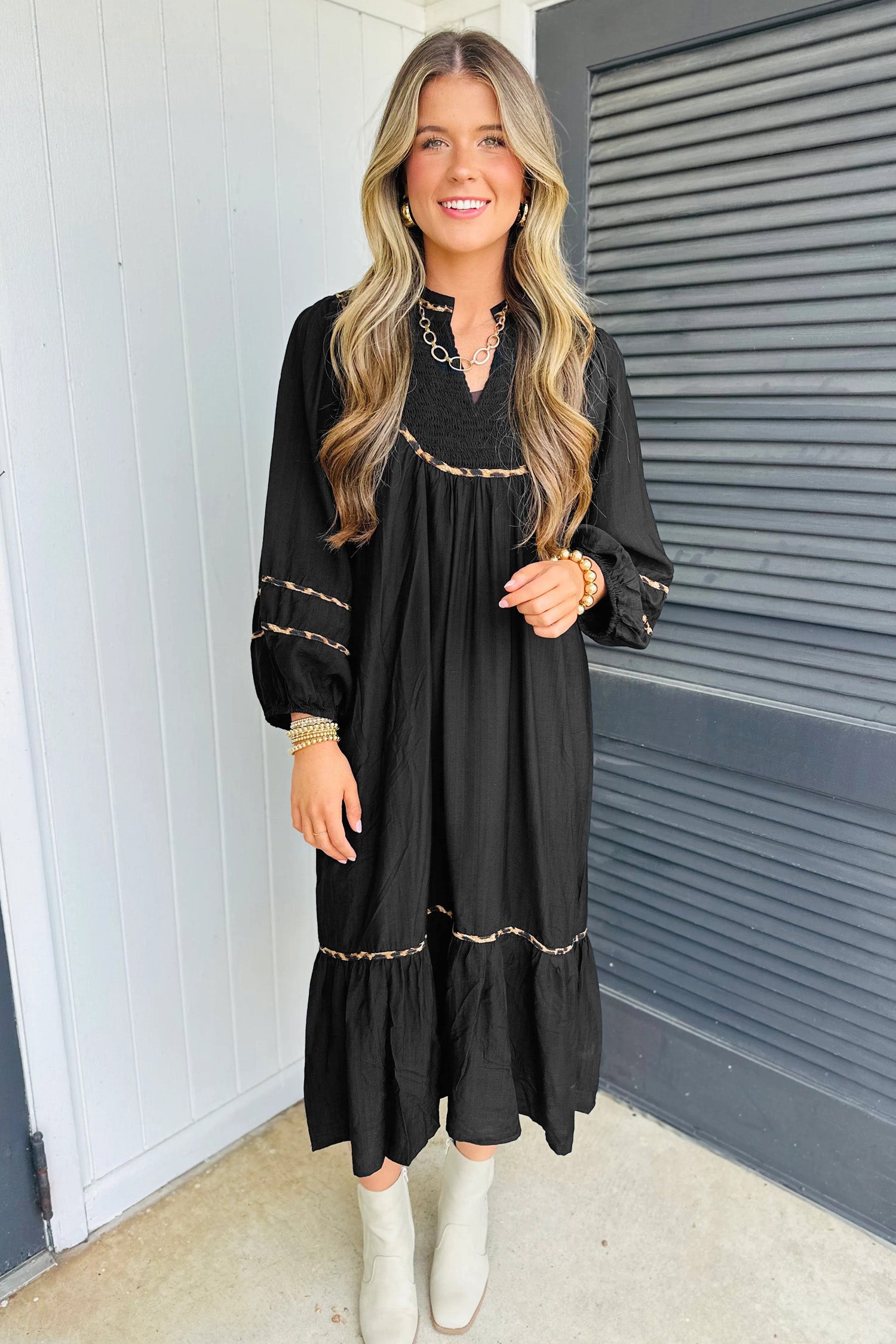 Black Contrast Leopard Trim Split Neck Long Sleeve Casual Midi Dress Black / M / 100%Viscose