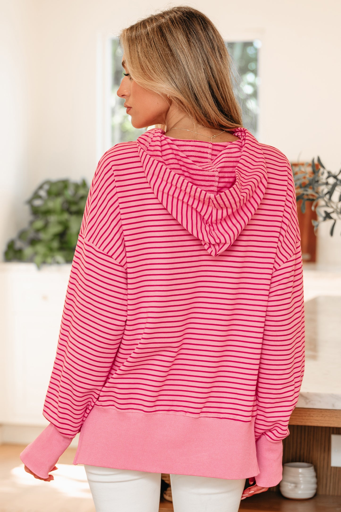 Rose Stripe Thumbhole Side Slits Drop Shoulder Loose Fit Hoodie-Tops / Dresses-[Adult]-[Female]-2022 Online Blue Zone Planet