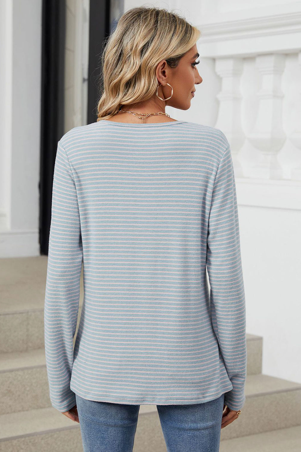 Beau Blue Striped Round Neck Henley Top-Long Sleeve Tops-[Adult]-[Female]-2022 Online Blue Zone Planet