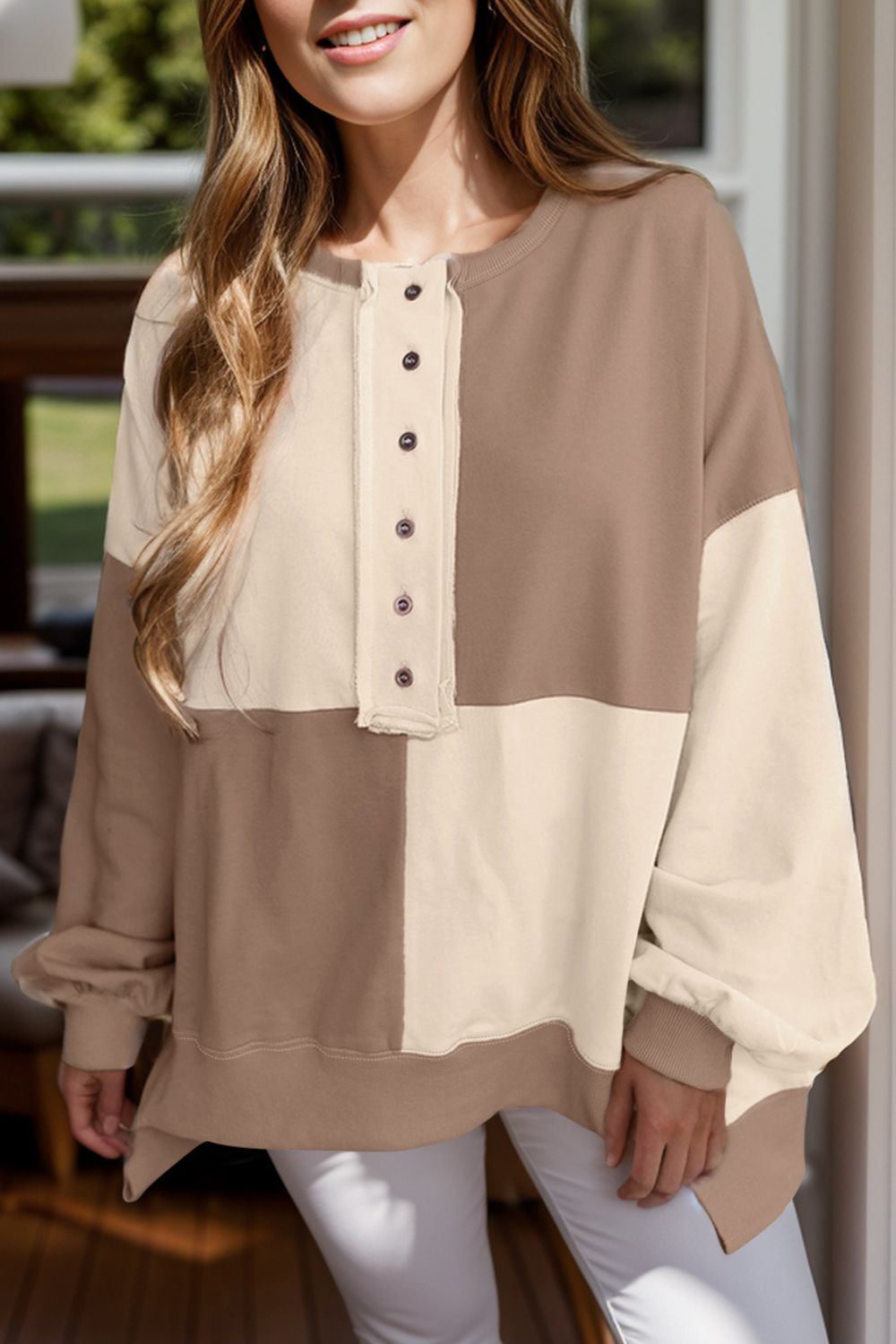 Blue Zone Planet | Contrast Half Button Long Sleeve Sweatshirt-TOPS / DRESSES-[Adult]-[Female]-Taupe-S-2022 Online Blue Zone Planet