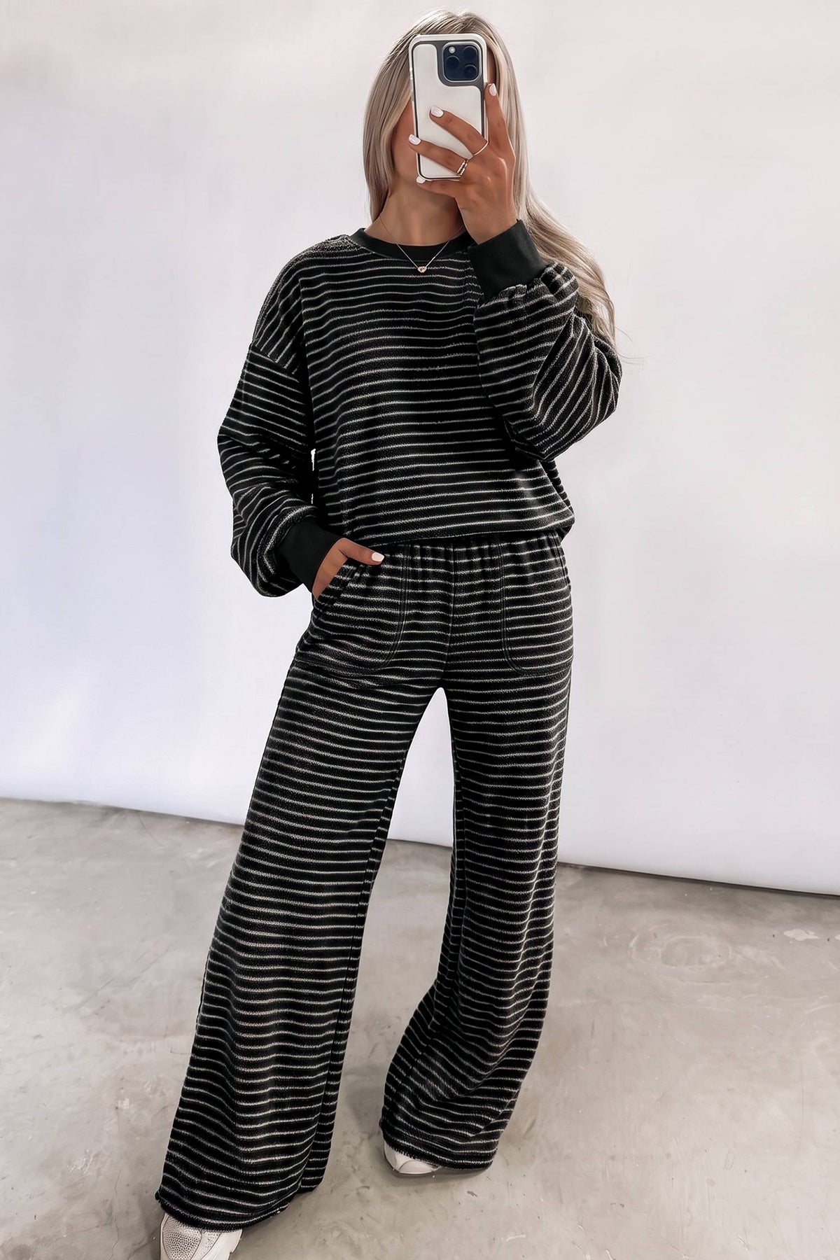 Black Stripe Cozy Terry Knit Long Sleeve Pullover Pocketed Shift Pants 2pcs Sets-Two Piece Sets/Pant Sets-[Adult]-[Female]-2022 Online Blue Zone Planet