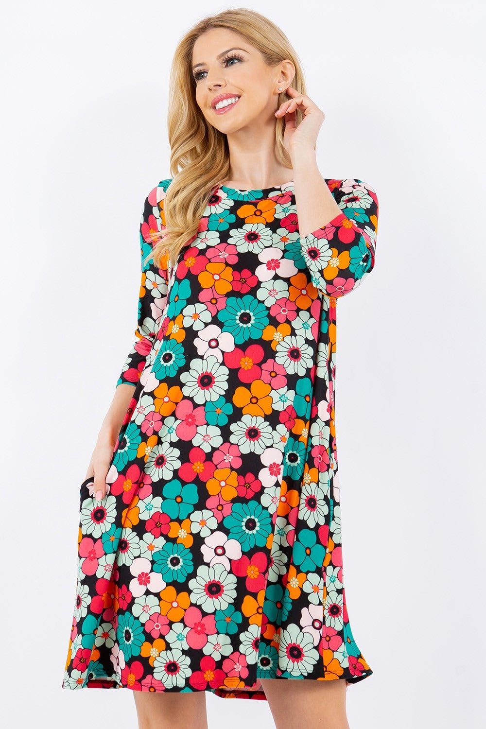 Celeste Full Size Floral Three-Quarter Sleeve Dress with Pockets-TOPS / DRESSES-[Adult]-[Female]-2022 Online Blue Zone Planet