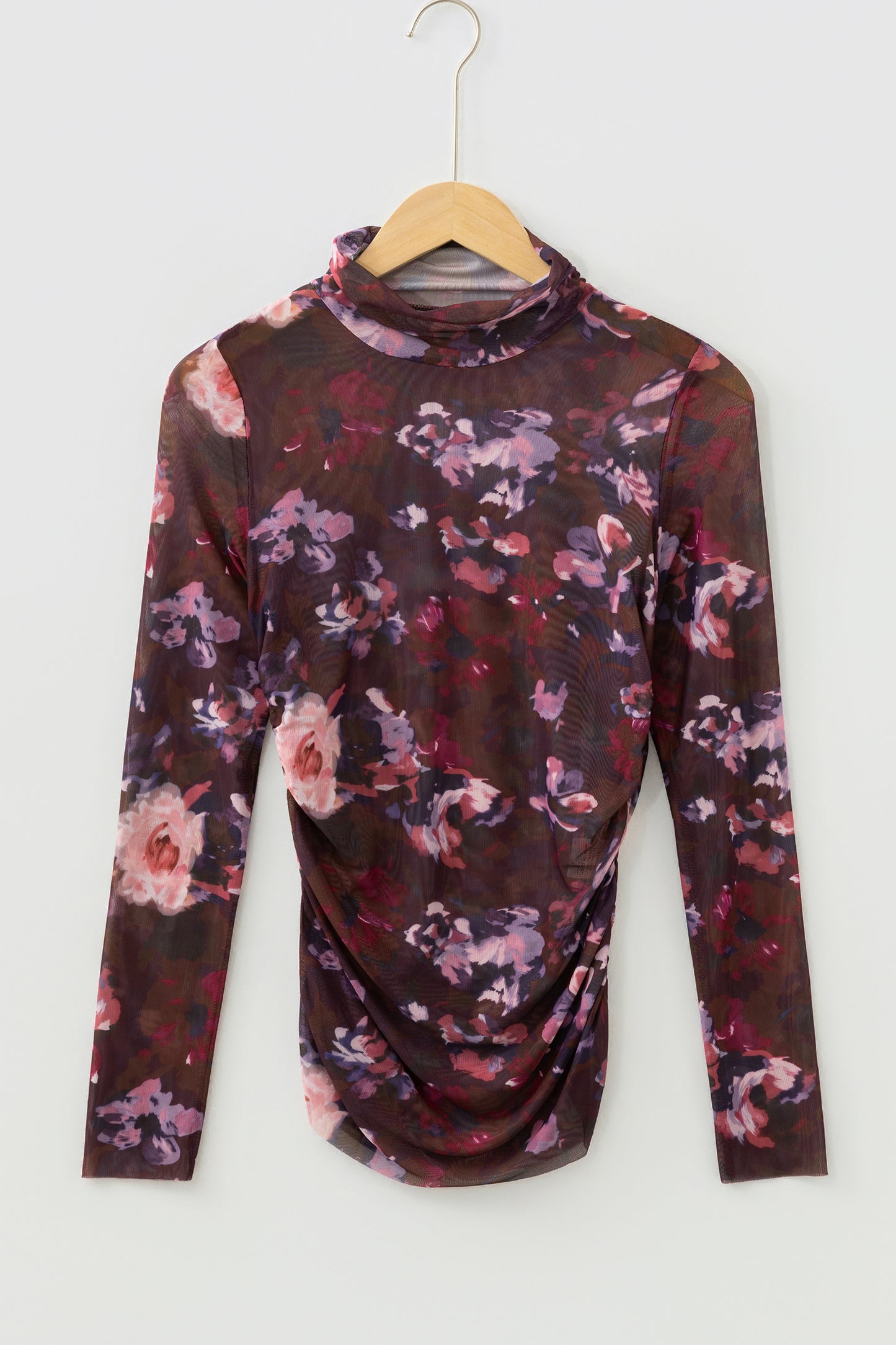 Brown High Neck Ruched Floral Mesh Top-Tops/Long Sleeve Tops-[Adult]-[Female]-2022 Online Blue Zone Planet