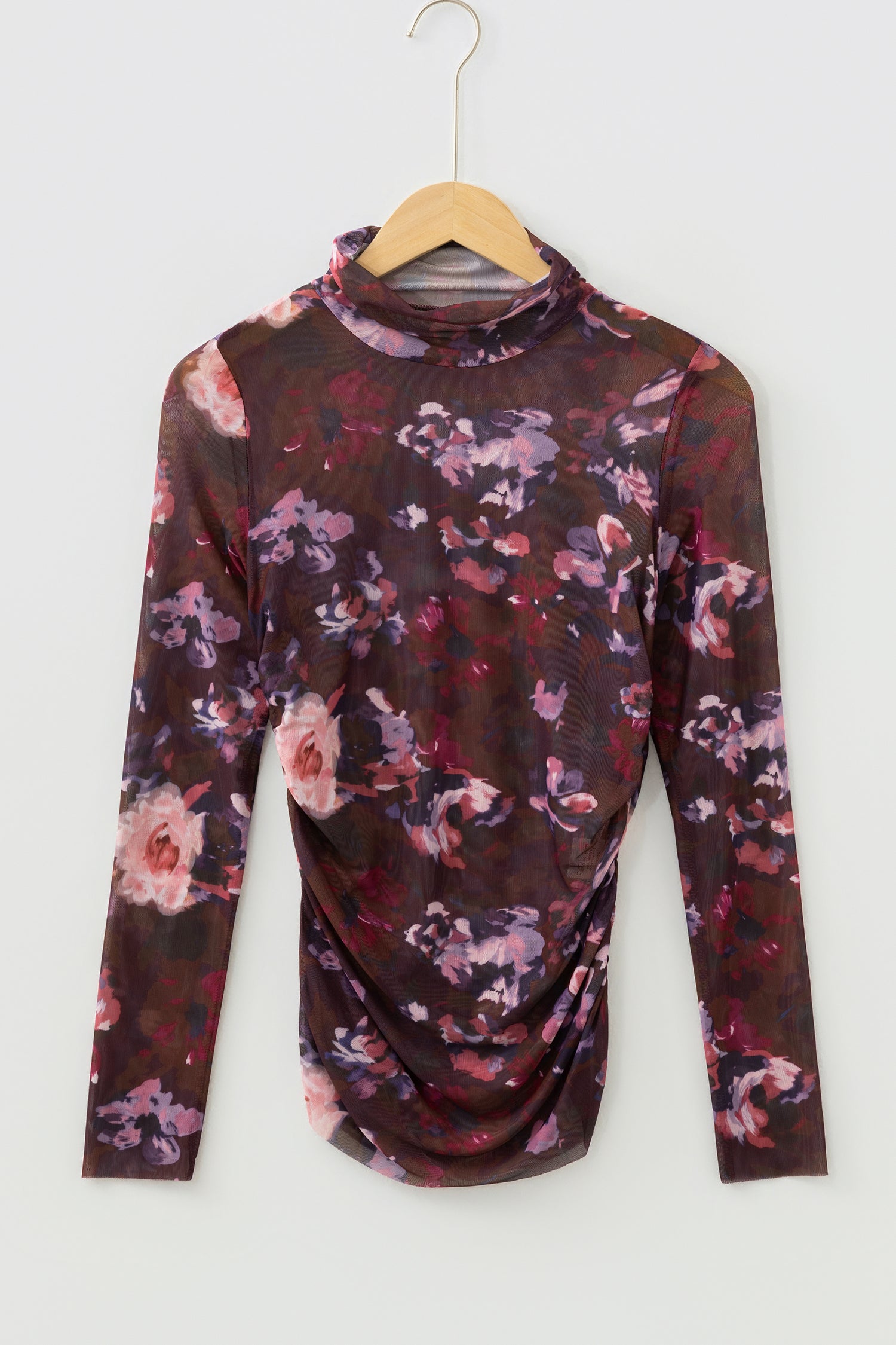 Brown High Neck Ruched Floral Mesh Top-Tops/Long Sleeve Tops-[Adult]-[Female]-2022 Online Blue Zone Planet