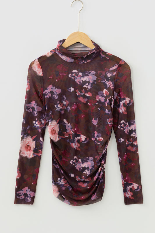 Brown High Neck Ruched Floral Mesh Top-Tops/Long Sleeve Tops-[Adult]-[Female]-2022 Online Blue Zone Planet