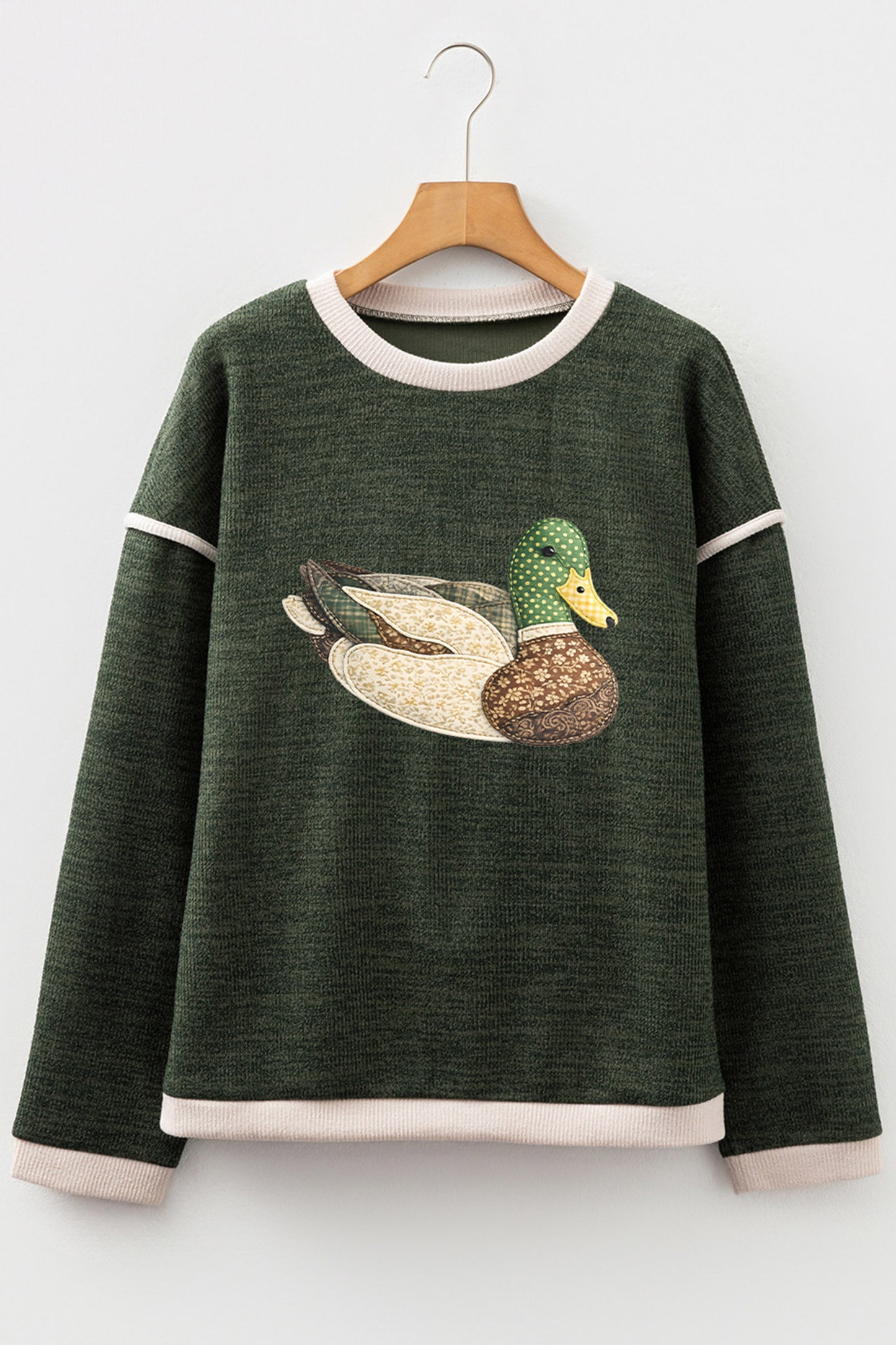 Four Leaf Clover Mallard Duck Graphic Contrast Trim Patchwork Casual Knit Top-Graphic/Graphic Long Sleeve Tees-[Adult]-[Female]-2022 Online Blue Zone Planet