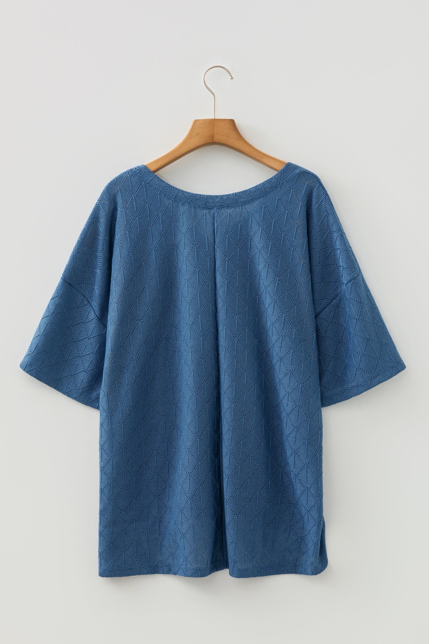 Sky Blue Pointelle Rhombus Knit Plus Size V Neck Loose Top-Plus Size/Plus Size Tops/Plus Size Tops & Tees-[Adult]-[Female]-2022 Online Blue Zone Planet