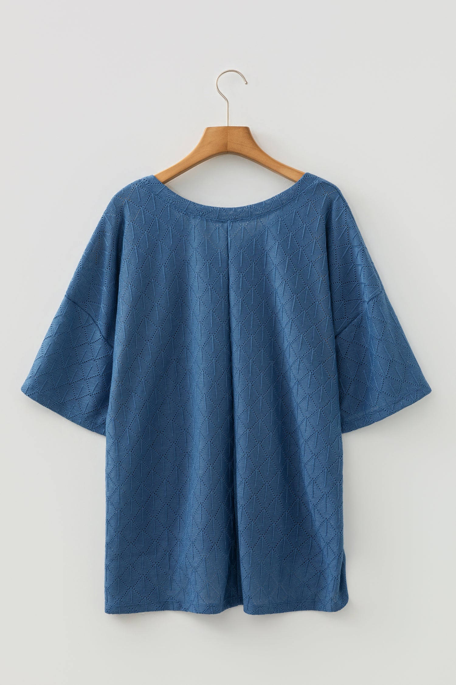 Sky Blue Pointelle Rhombus Knit Plus Size V Neck Loose Top-Plus Size/Plus Size Tops/Plus Size Tops & Tees-[Adult]-[Female]-2022 Online Blue Zone Planet