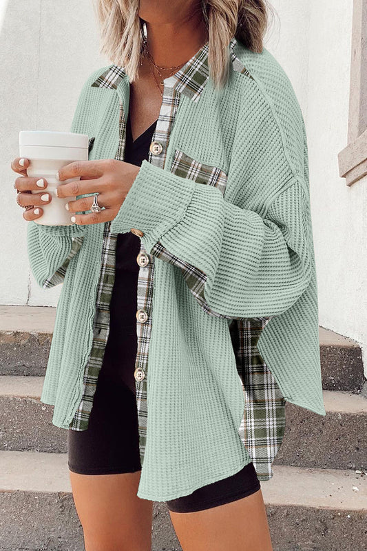 Grass Green Plaid Patchwork Waffle Thermal Knit Shacket-Outerwear/Plaid Shackets-[Adult]-[Female]-Grass Green-S-2022 Online Blue Zone Planet