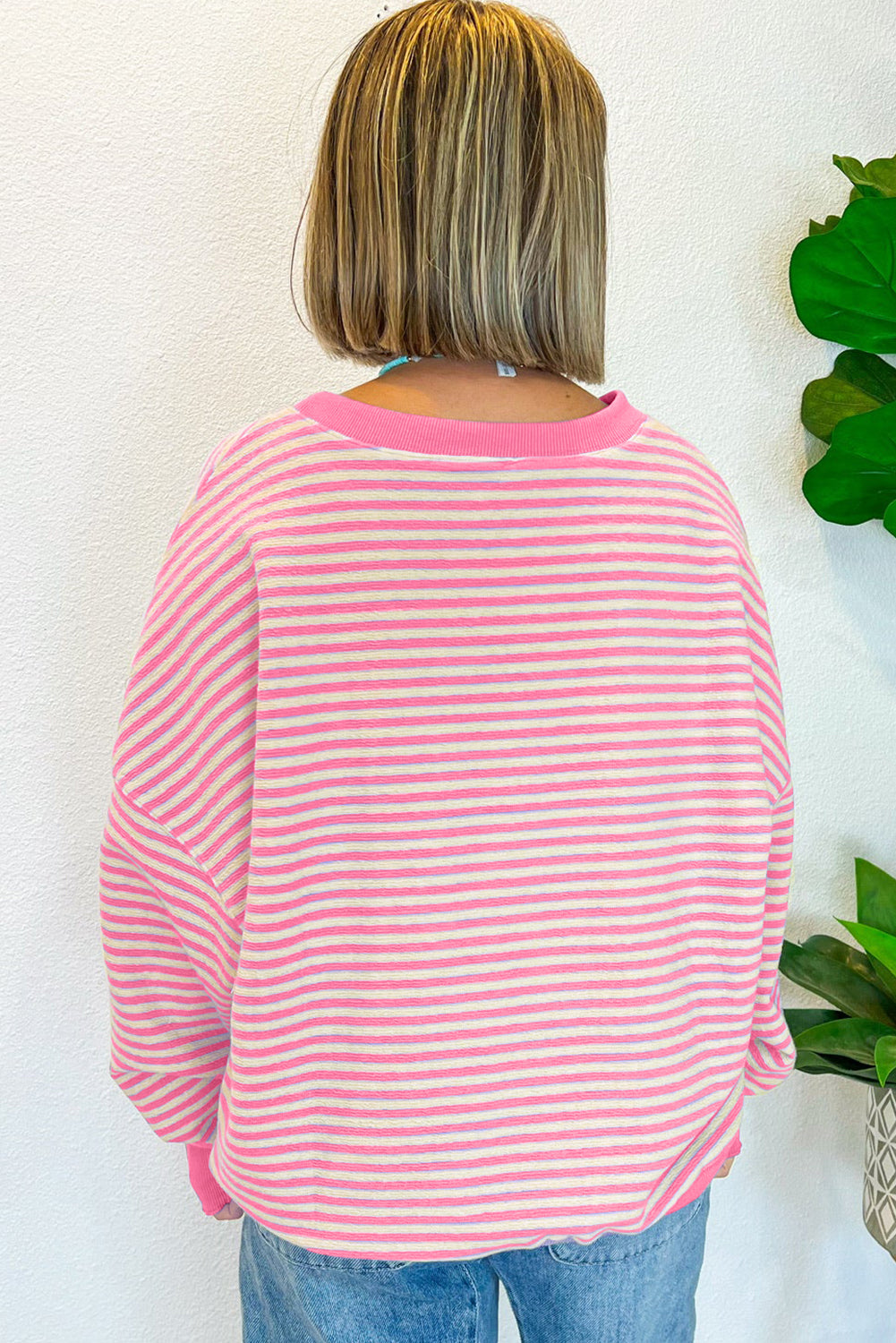 Blue Zone Planet | Green Stripe Drop Shoulder Long Sleeve Top-Long Sleeve Tops-[Adult]-[Female]-2022 Online Blue Zone Planet