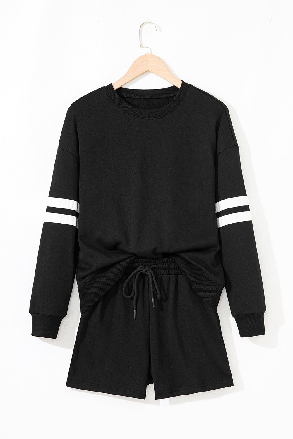 Black Varsity Striped Sleeve Drop Shoulder Sweatshirt and Short Set-Two Piece Sets/Short Sets-[Adult]-[Female]-2022 Online Blue Zone Planet