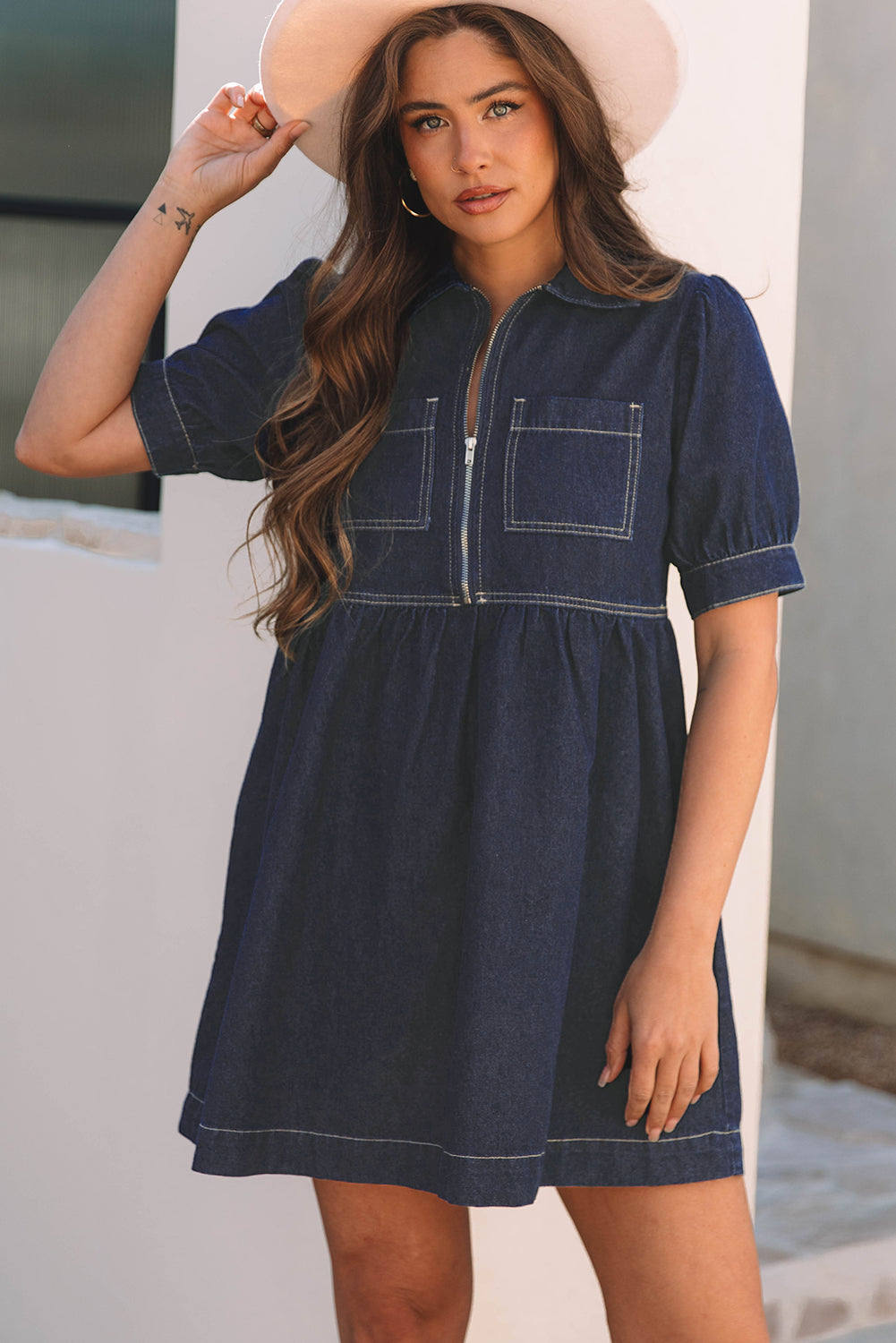 Dirty blue Zipped up Bodice Collared Short Puff Sleeve Denim Dress - Blue Zone Planet Dirty blue Zipped up Bodice Collared Short Puff Sleeve Denim Dress - Blue Zone Planet