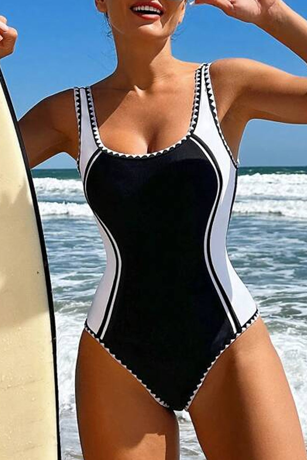 Black Color Block Ric Rac Trim U Neck One Piece Swimsuit-Swimwear/One Piece Swimsuit-[Adult]-[Female]-2022 Online Blue Zone Planet