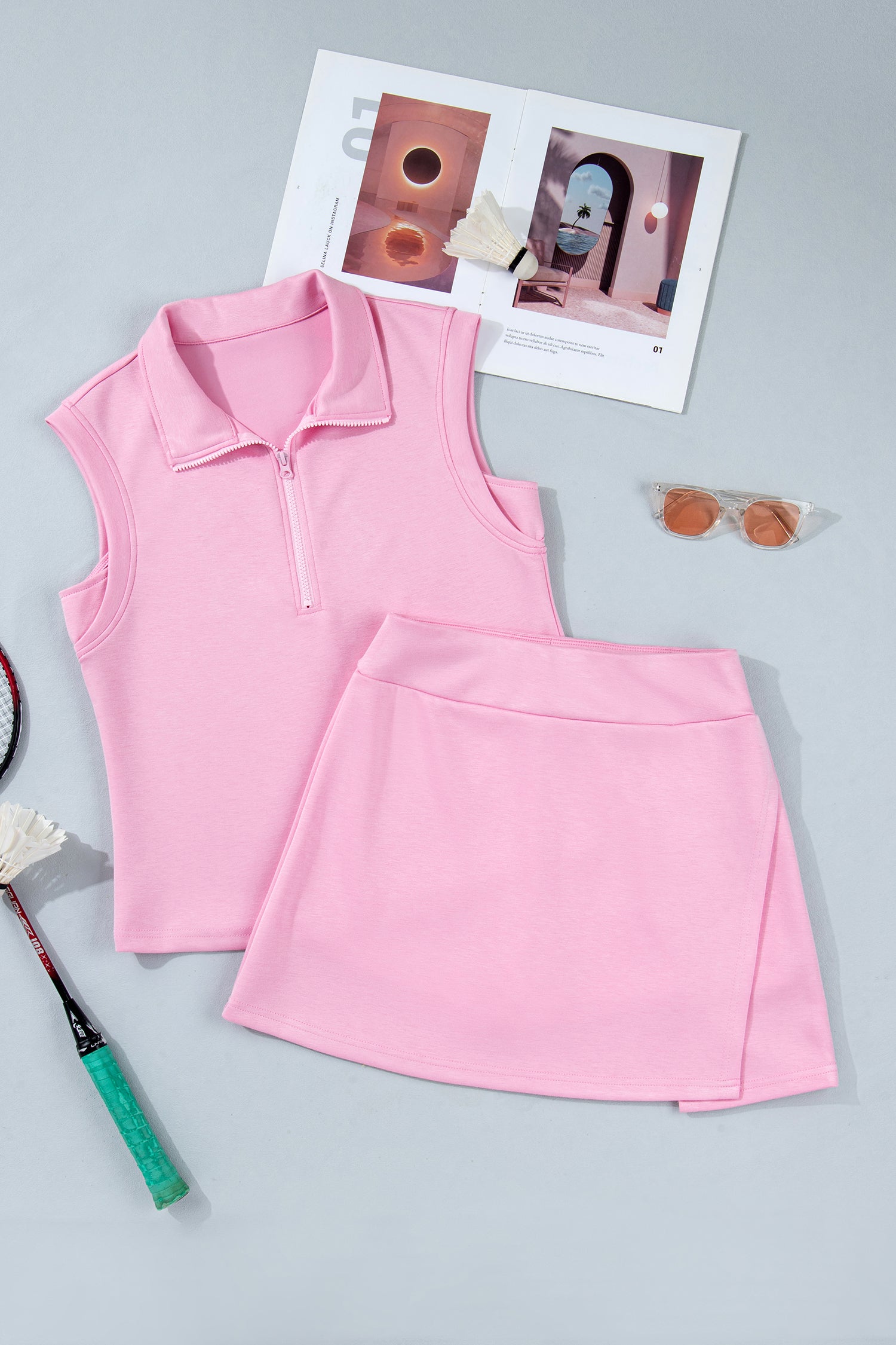 Light Grey Solid Color Sleeveless Zipper Tank and Skort Set-Two Piece Sets/Short Sets-[Adult]-[Female]-2022 Online Blue Zone Planet