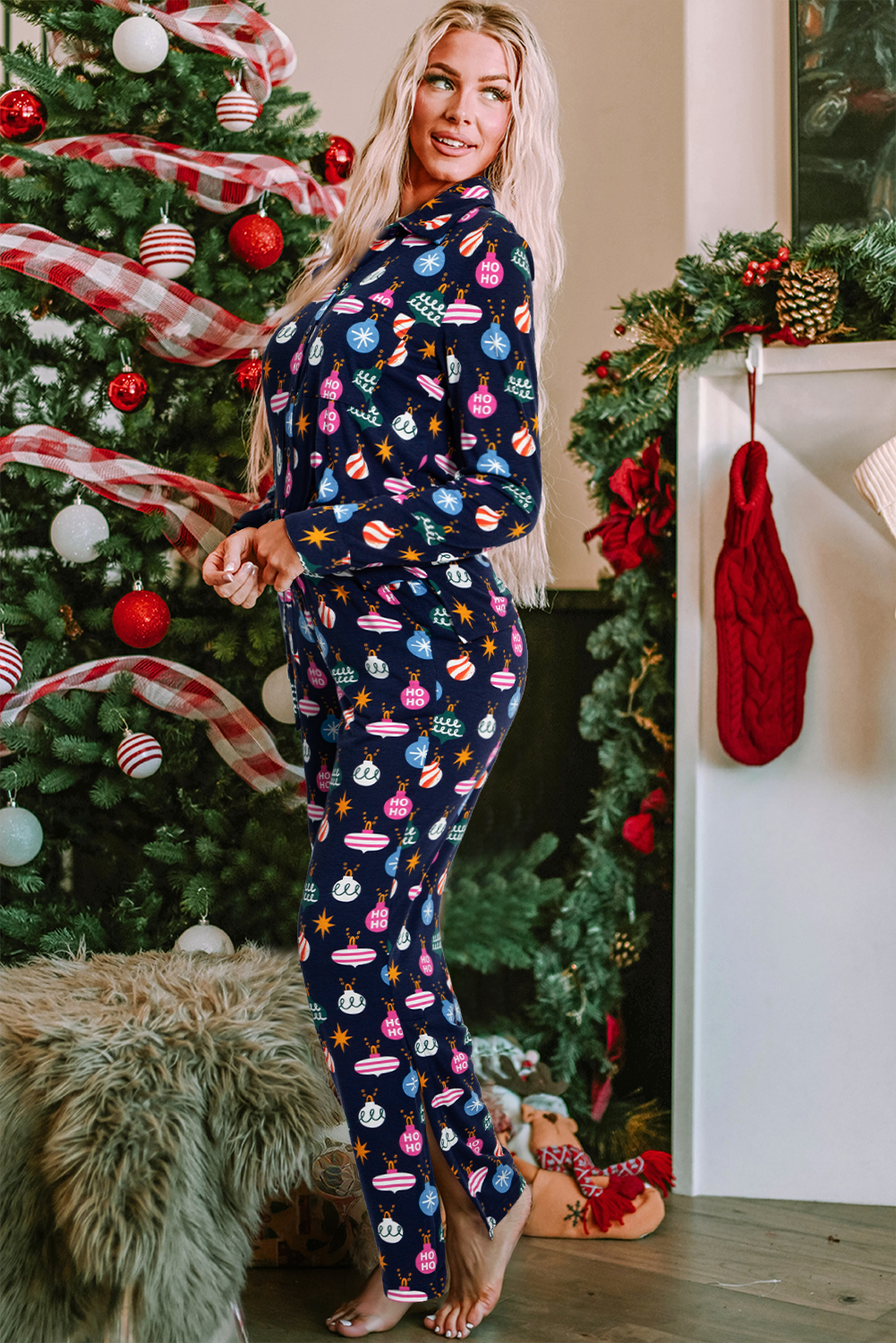 Blue Zone Planet | Navy Blue Colorful Christmas Lights Print Shirt and Pants Pajama Set-TOPS / DRESSES-[Adult]-[Female]-2022 Online Blue Zone Planet