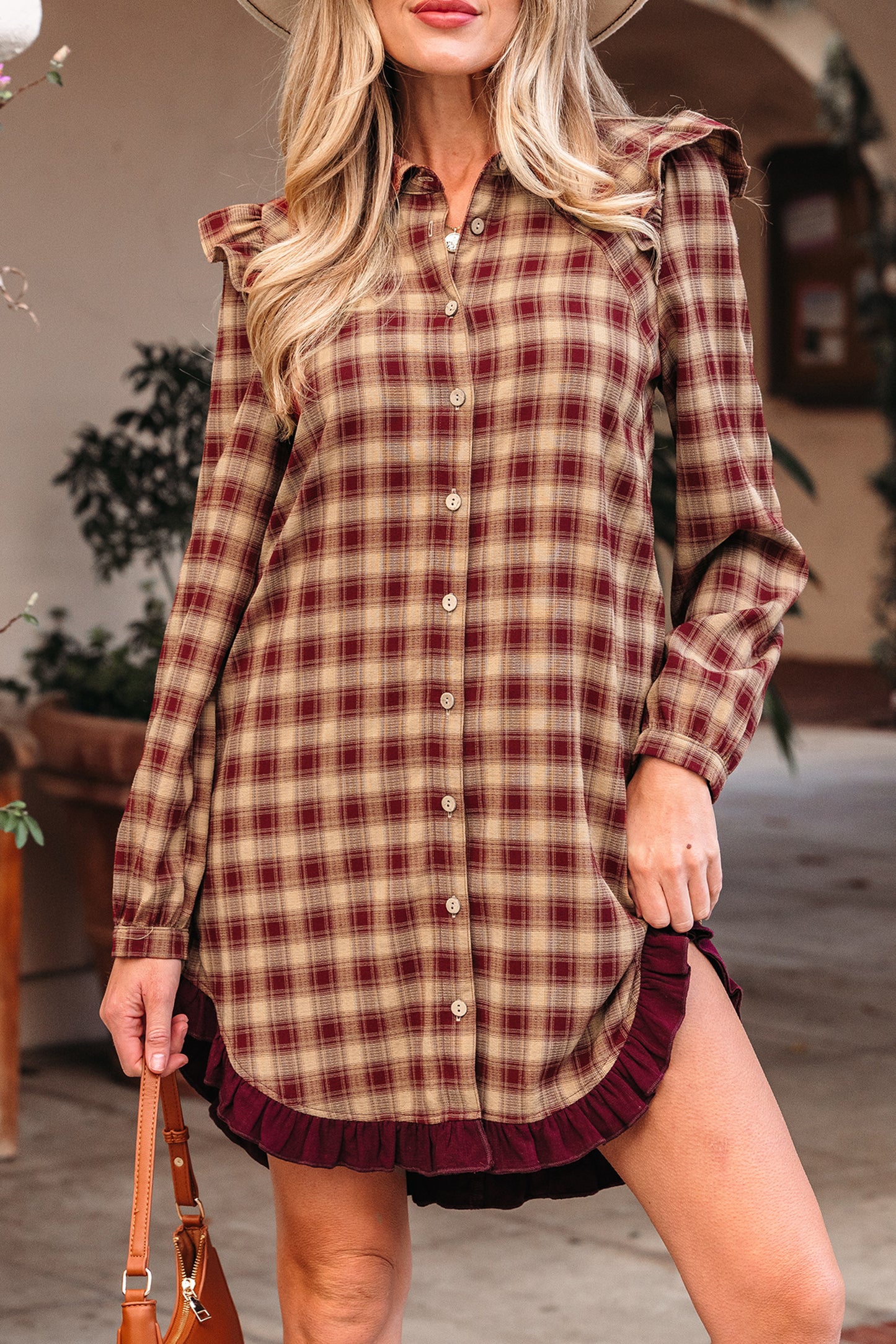 Red Plaid Print Ruffled Long Sleeve Patchwork Hem Mini Shirt Dress-TOPS / DRESSES-[Adult]-[Female]-2022 Online Blue Zone Planet