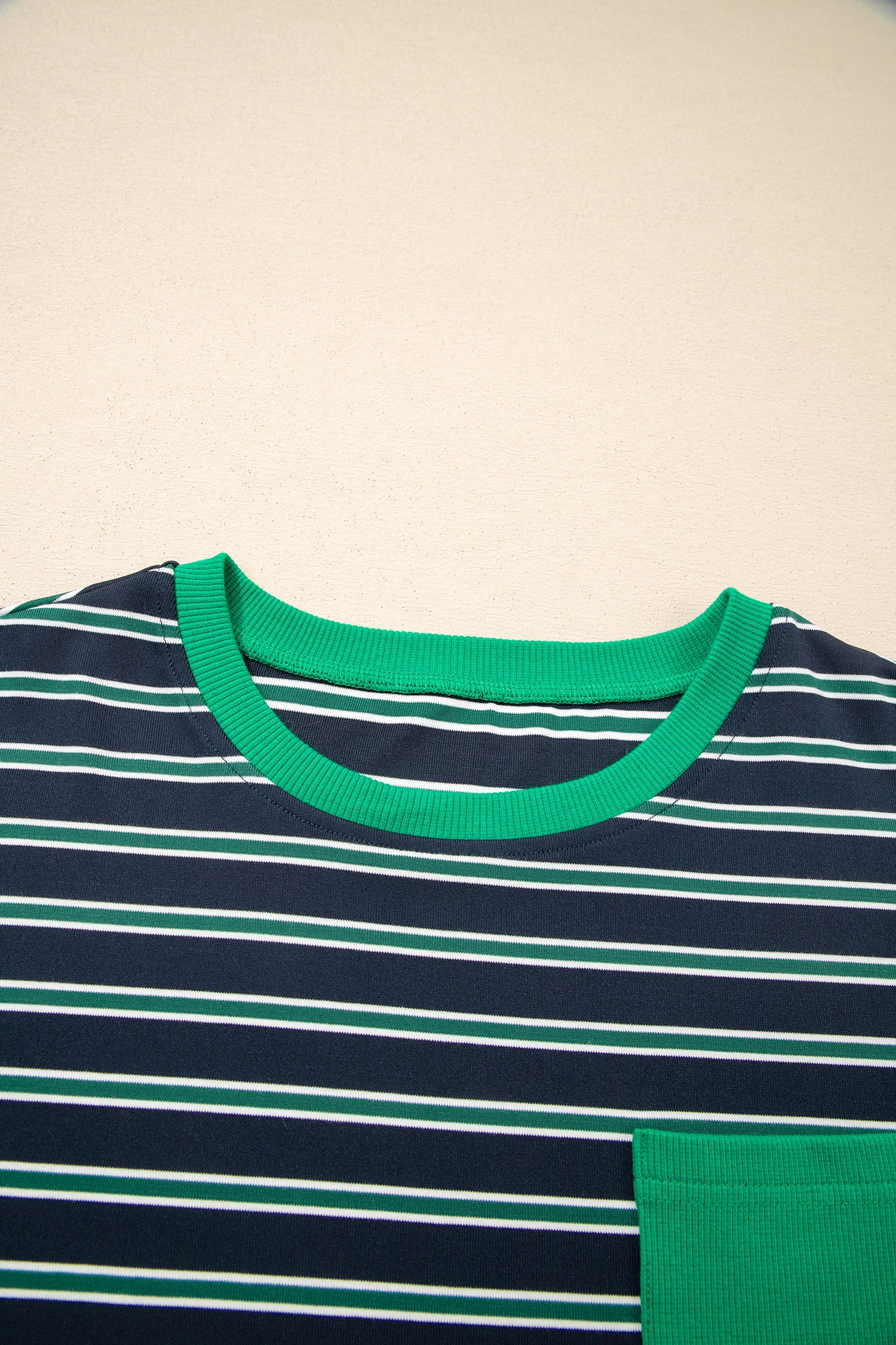 Green Stripe Ribbed Color Block Patchwork Crew Neck Patch Pocket Long Sleeve Top-Tops/Long Sleeve Tops-[Adult]-[Female]-2022 Online Blue Zone Planet