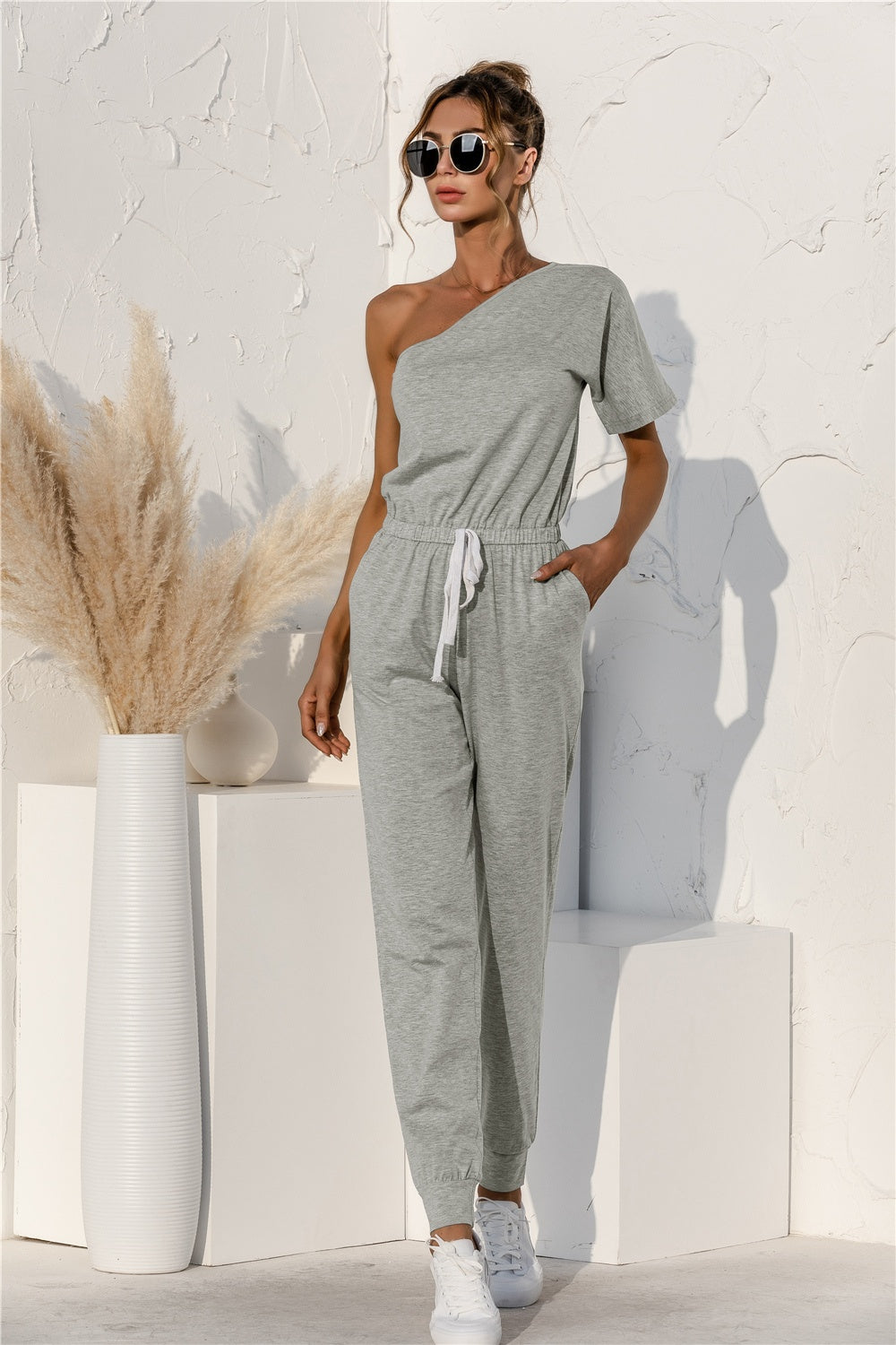 Single Shoulder Short Sleeve Jumpsuit-TOPS / DRESSES-[Adult]-[Female]-Gray-S-2022 Online Blue Zone Planet