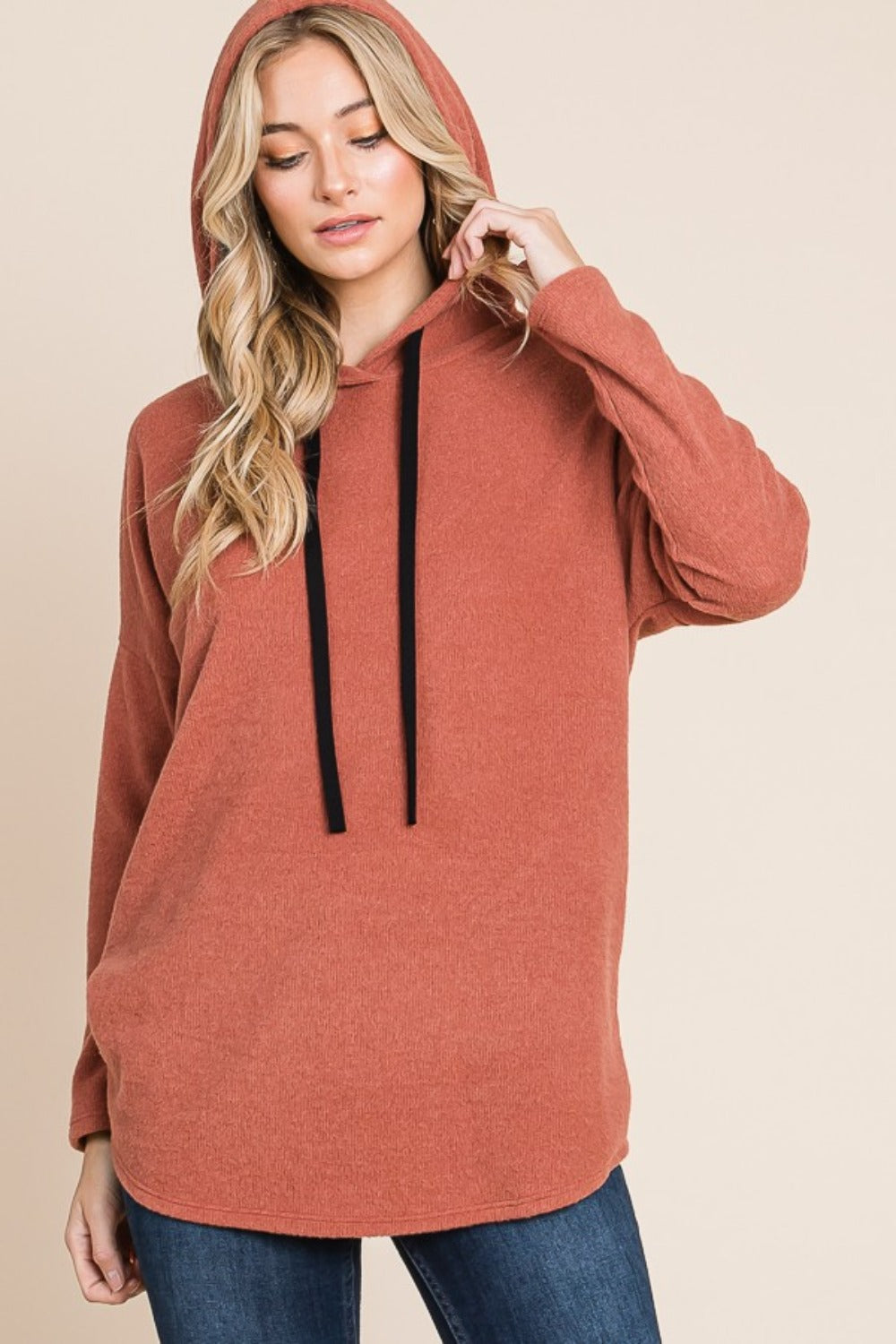 BOMBOM Contrast Drawstring Drop Shoulder Knit Hoodie-TOPS / DRESSES-[Adult]-[Female]-2022 Online Blue Zone Planet