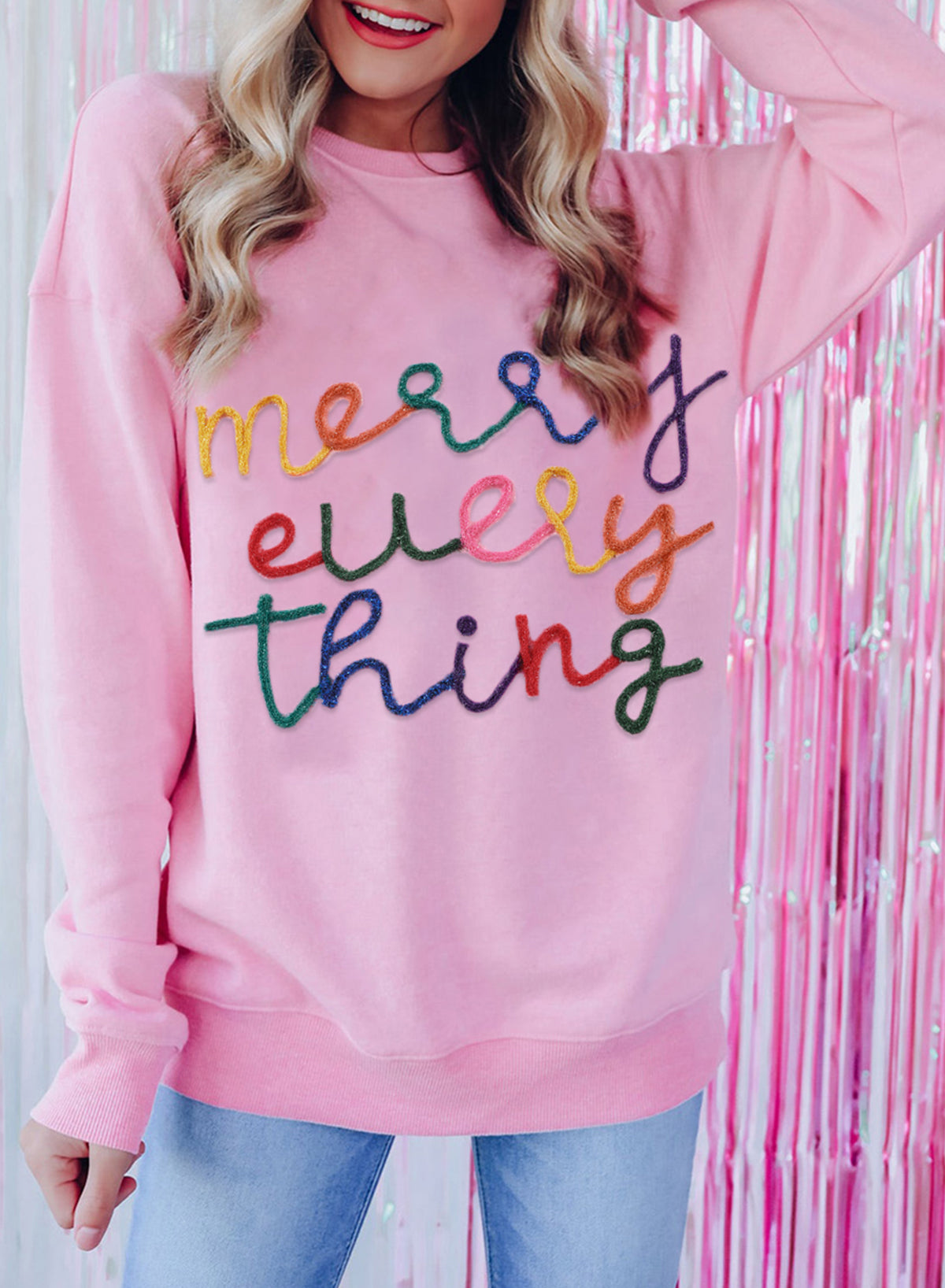 Peach Blossom Merry Every Thing Tinsel Slogan Sweatshirt-Tops/Sweatshirts & Hoodies-[Adult]-[Female]-2022 Online Blue Zone Planet