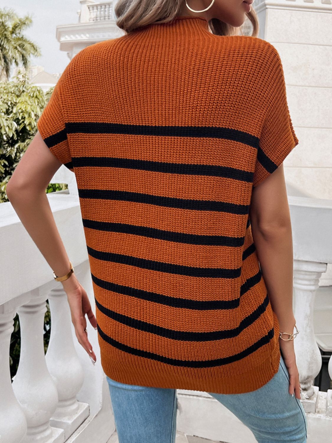 Striped Mock Neck Short Sleeve Sweater-TOPS / DRESSES-[Adult]-[Female]-2022 Online Blue Zone Planet