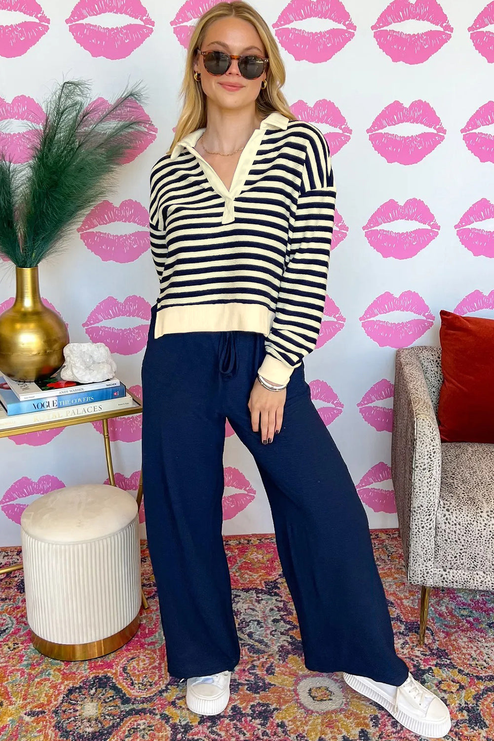 Blue Stripe Collared V Neck Long Sleeve Casual Top-Tops/Long Sleeve Tops-[Adult]-[Female]-2022 Online Blue Zone Planet
