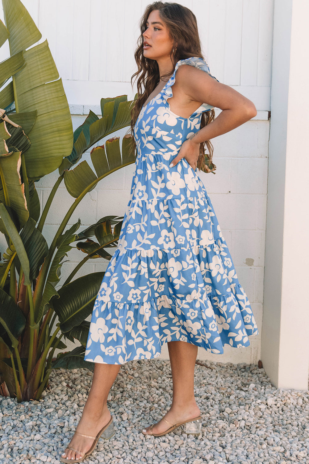 Sky Blue Floral U Neck Flutter Shoulder Tiered Flowy Midi Dress-TOPS / DRESSES-[Adult]-[Female]-2022 Online Blue Zone Planet