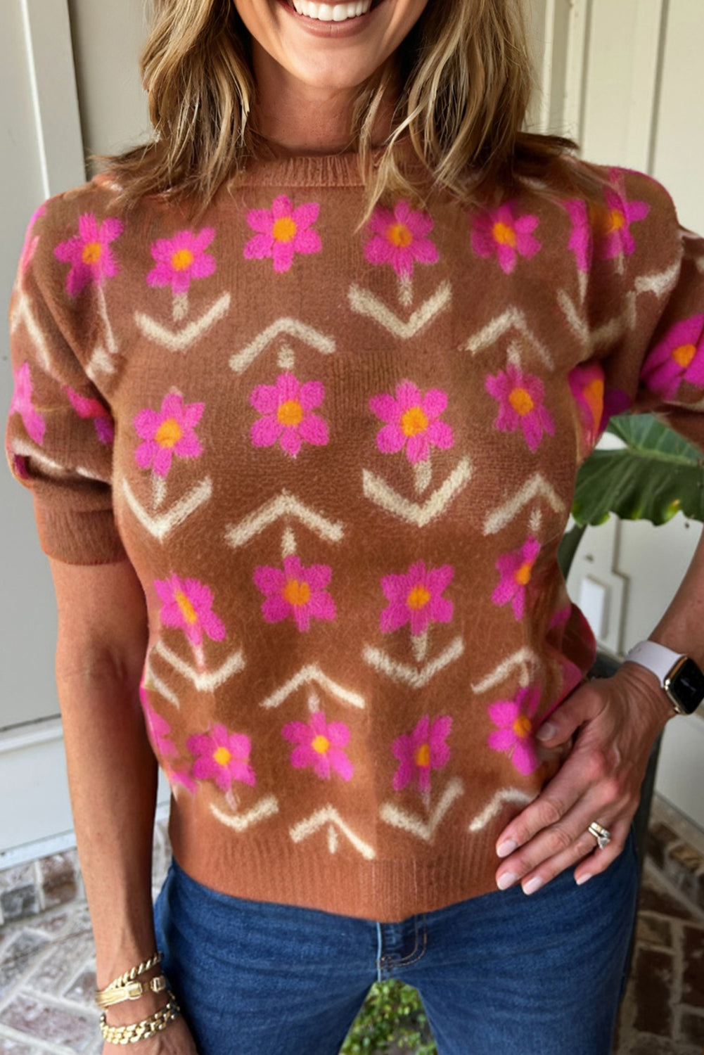 Brown Floral Short Puff Sleeve Sweater-TOPS / DRESSES-[Adult]-[Female]-2022 Online Blue Zone Planet