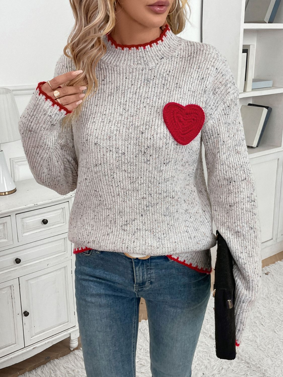 Perfee Contrast Heart Round Neck Long Sleeve Sweater-TOPS / DRESSES-[Adult]-[Female]-Light Gray-S-2022 Online Blue Zone Planet