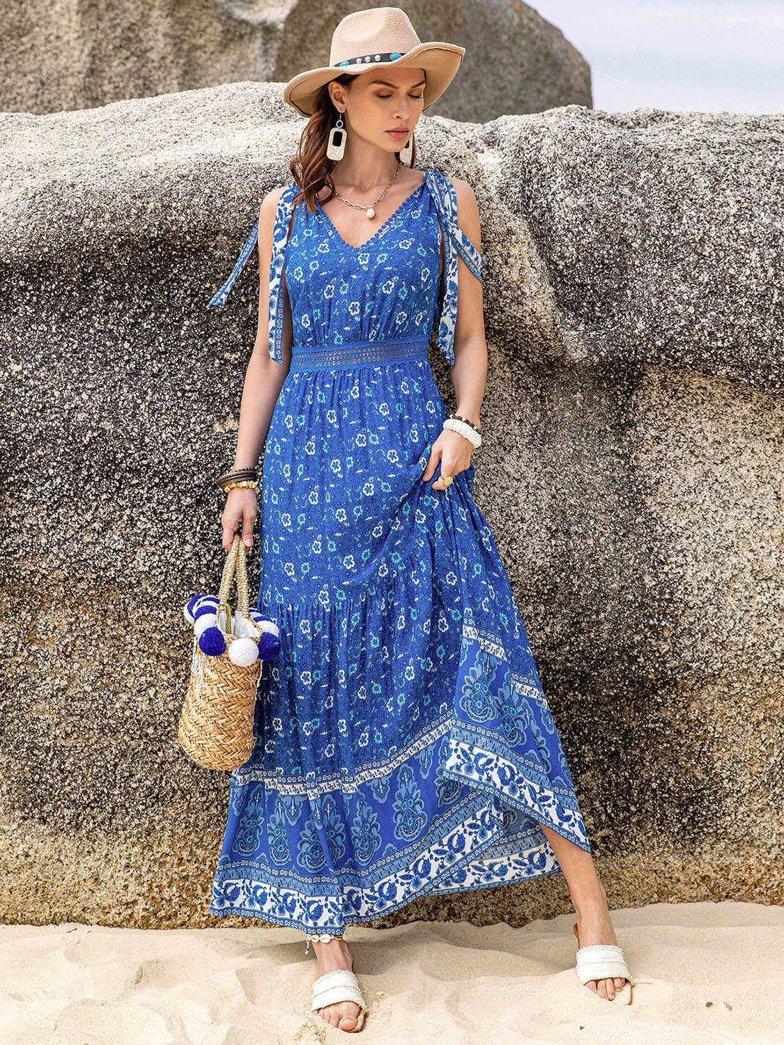 Printed V-Neck Tie Shoulder Dress-TOPS / DRESSES-[Adult]-[Female]-2022 Online Blue Zone Planet