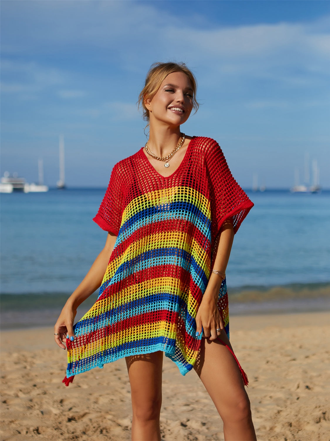 Cutout Striped Cover-Up with Tassel-TOPS / DRESSES-[Adult]-[Female]-2022 Online Blue Zone Planet