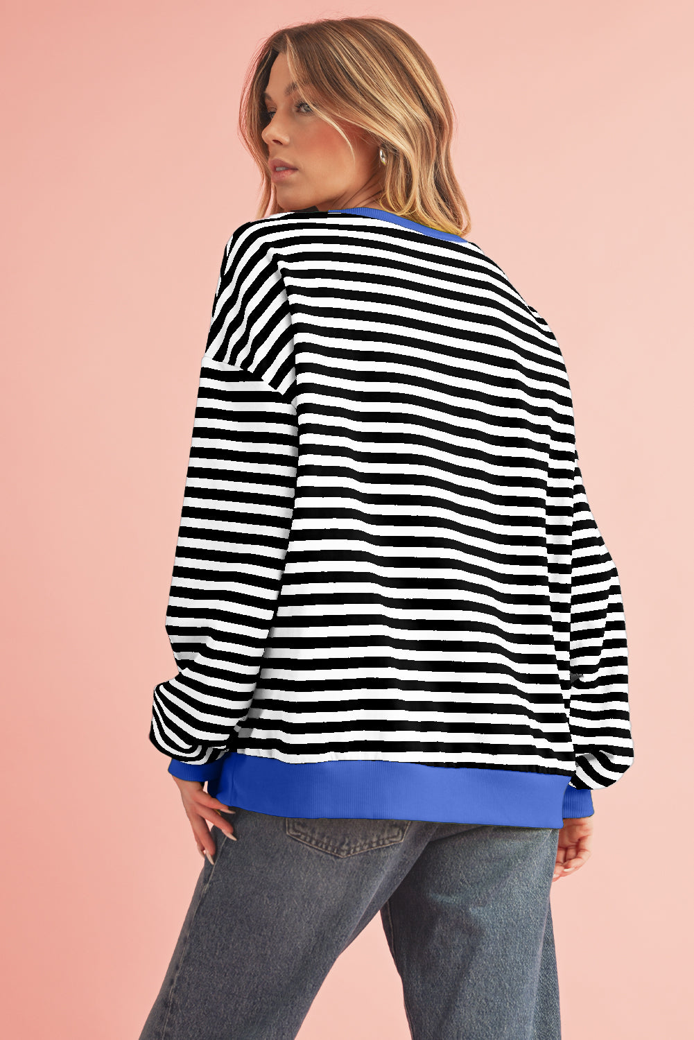 Black Stripe Contrast Edge Cross Seam Oversized Sweatshirt-Sweatshirts & Hoodies-[Adult]-[Female]-2022 Online Blue Zone Planet