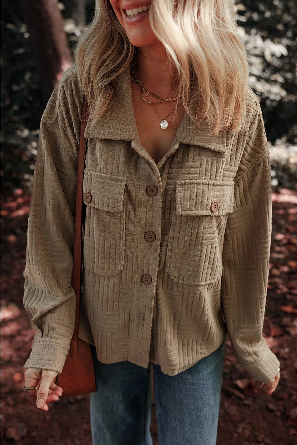 Textured Pocketed Collared Neck Long Sleeve Shacket-TOPS / DRESSES-[Adult]-[Female]-Taupe-S-2022 Online Blue Zone Planet