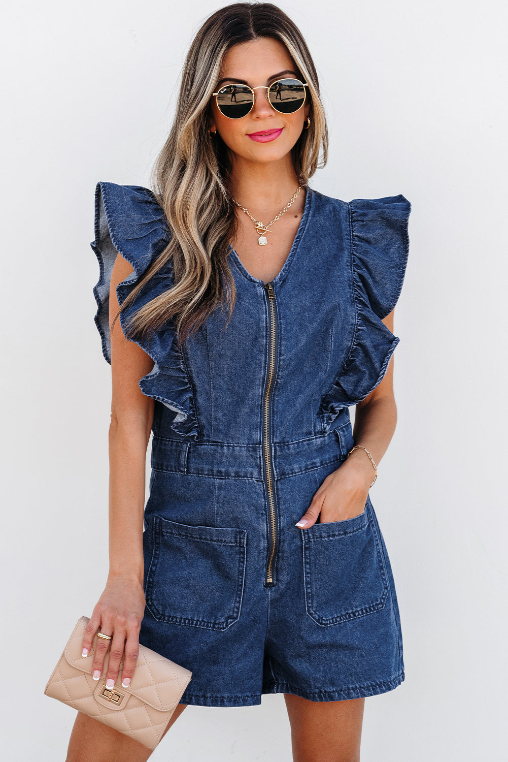 Blue Zone Planet | Sail Blue Denim Ruffled Zipped Front Belted Romper-Bottoms/Jumpsuits & Rompers-[Adult]-[Female]-2022 Online Blue Zone Planet