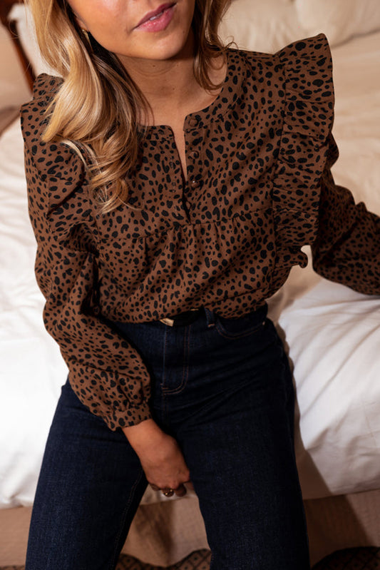 Brown Leopard Print Ruffled Puff Sleeve Blouse-Tops/Blouses & Shirts-[Adult]-[Female]-Brown-S-2022 Online Blue Zone Planet