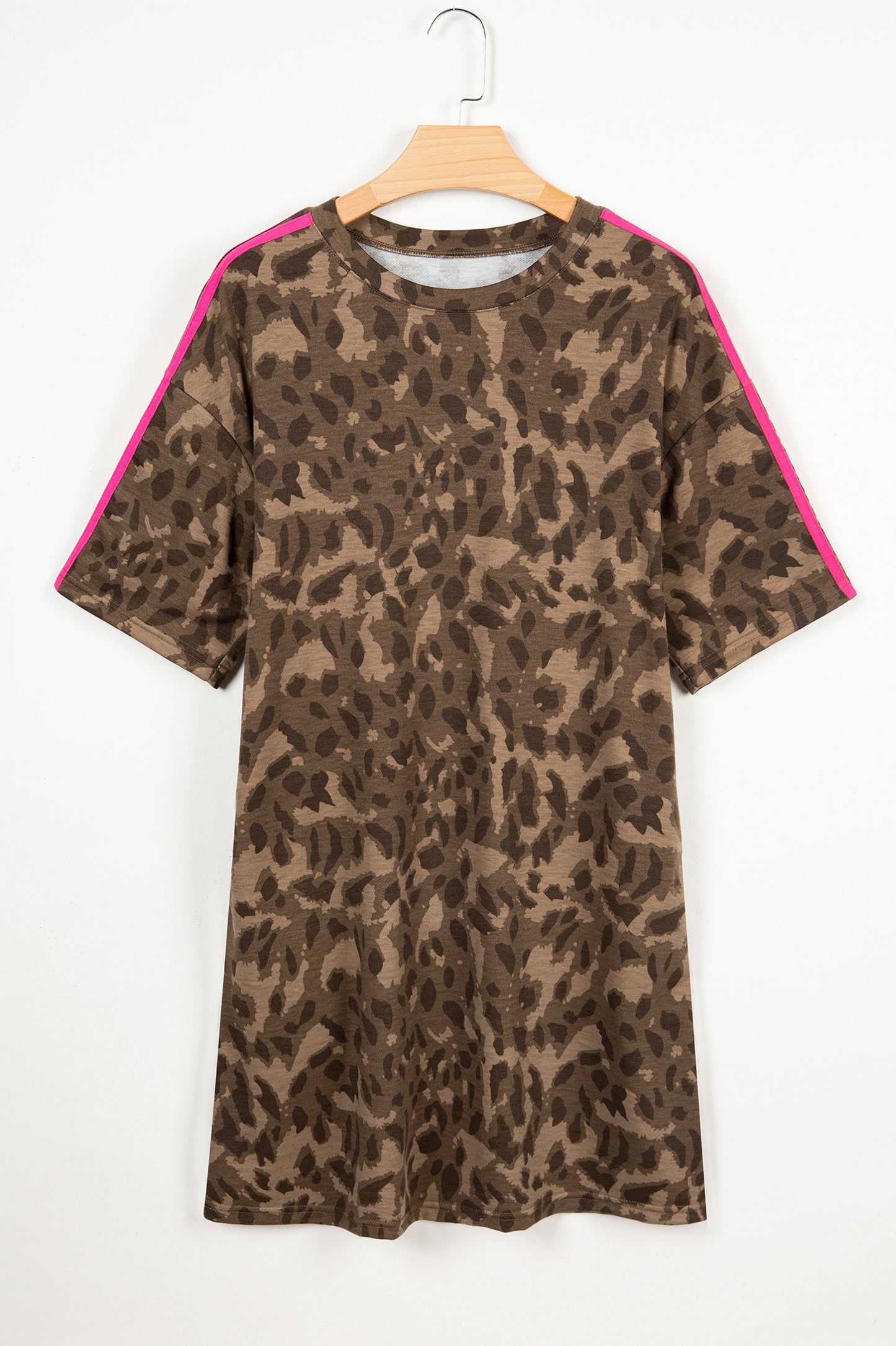 Brown Loose Contrast Striped Accent Leopard T Shirt Mini Dress With Pockets-TOPS / DRESSES-[Adult]-[Female]-2022 Online Blue Zone Planet