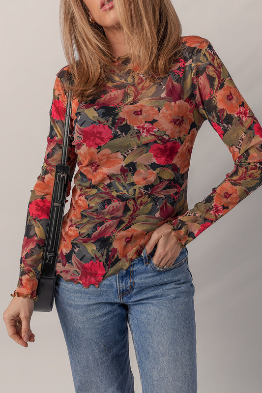 Multicolour Floral Print Lettuce Trim Long Sleeve Mesh Top-Tops/Long Sleeve Tops-[Adult]-[Female]-Multicolour-S-2022 Online Blue Zone Planet