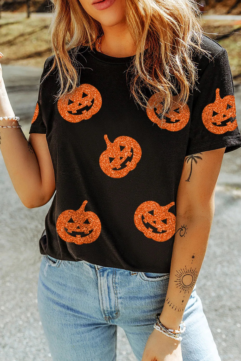 Full Size Glitter Jack-O'-Lantern Round Neck Short Sleeve T-Shirt-TOPS / DRESSES-[Adult]-[Female]-2022 Online Blue Zone Planet